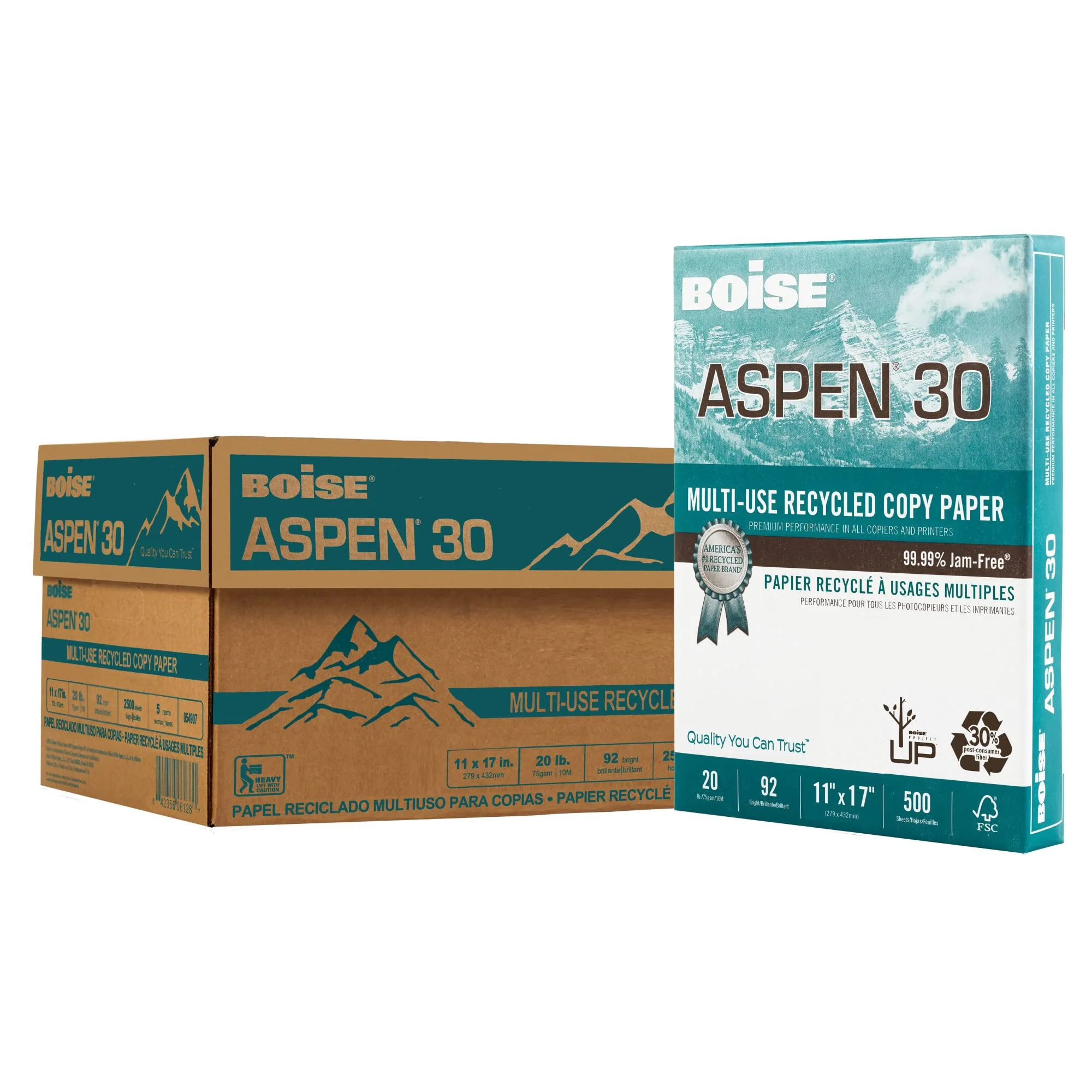 Boise ASPEN 30 Multi-Use Copy Paper, Ledger 11 x 17, 5 Reams (2500 Sheets) - 054907-CTN