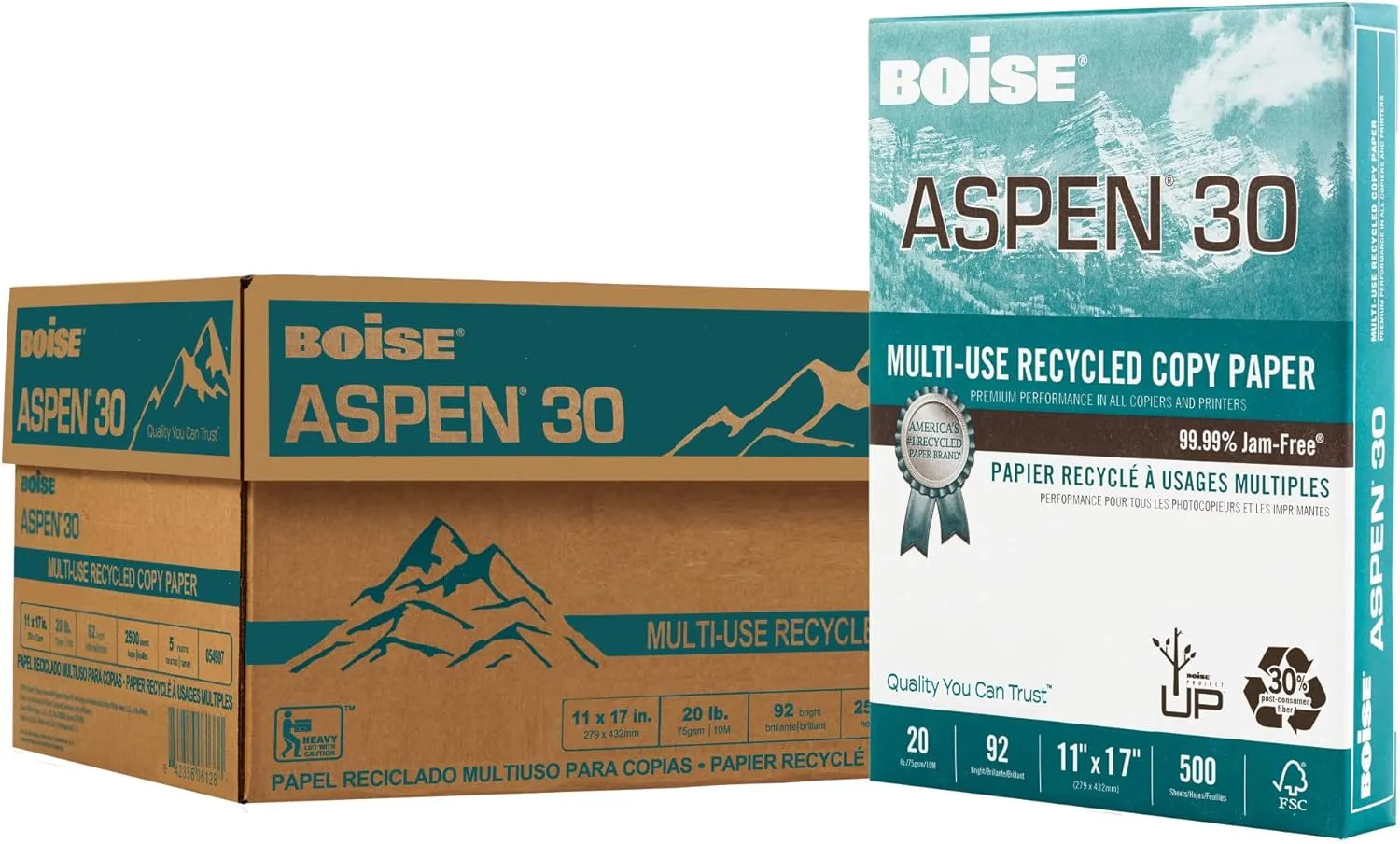 Boise ASPEN 30 Multi-Use Copy Paper, Ledger 11 x 17, 5 Reams (2500 Sheets) - 054907-CTN