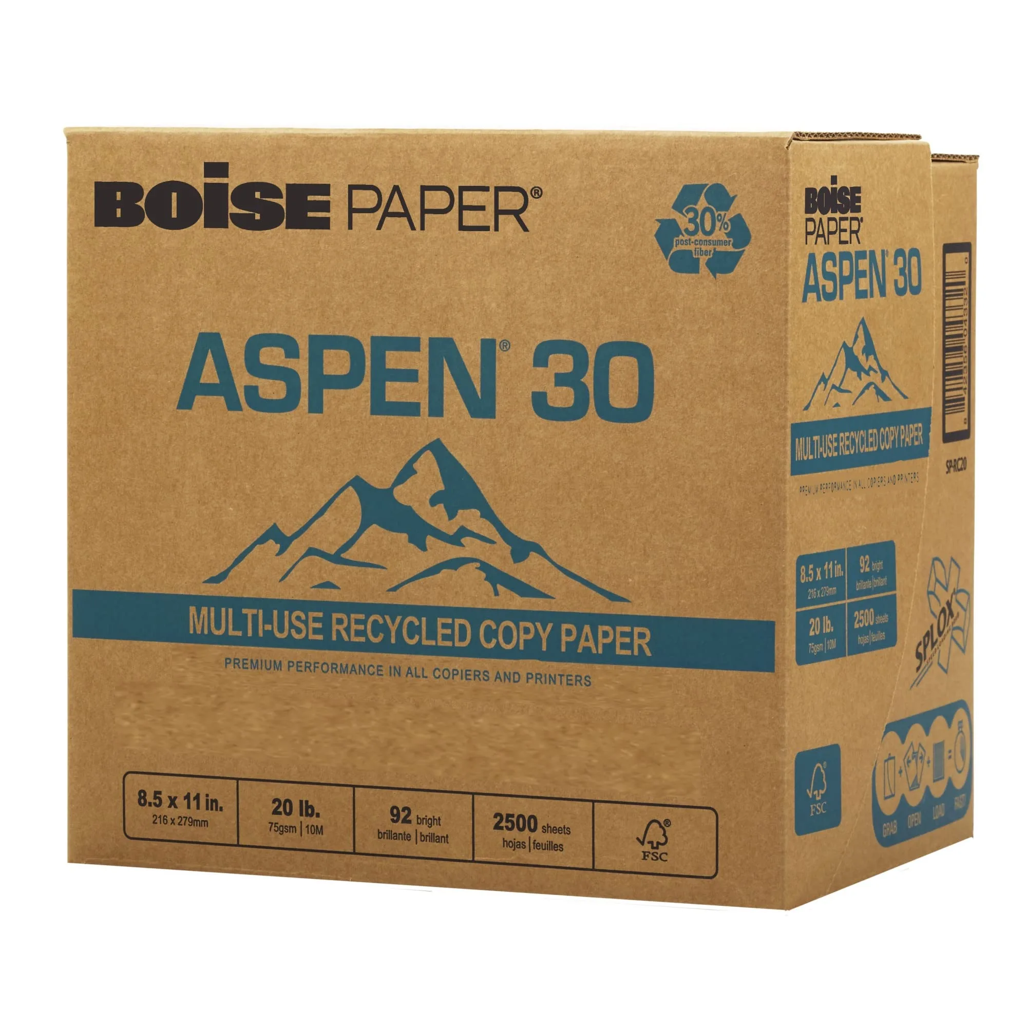 BOISE ASPEN 30% Recycled Multi-Use Copy Paper, 8.5" x 11" Letter, SPLOX Speed Loading Reamless Easy Carry Box, 92 Bright White, 20 lb. (2,500 Sheets)