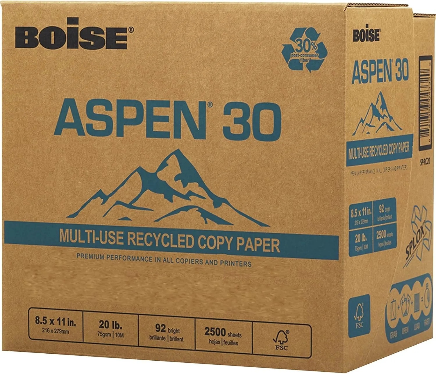 BOISE ASPEN 30% Recycled Multi-Use Copy Paper, 8.5" x 11" Letter, SPLOX Speed Loading Reamless Easy Carry Box, 92 Bright White, 20 lb. (2,500 Sheets)