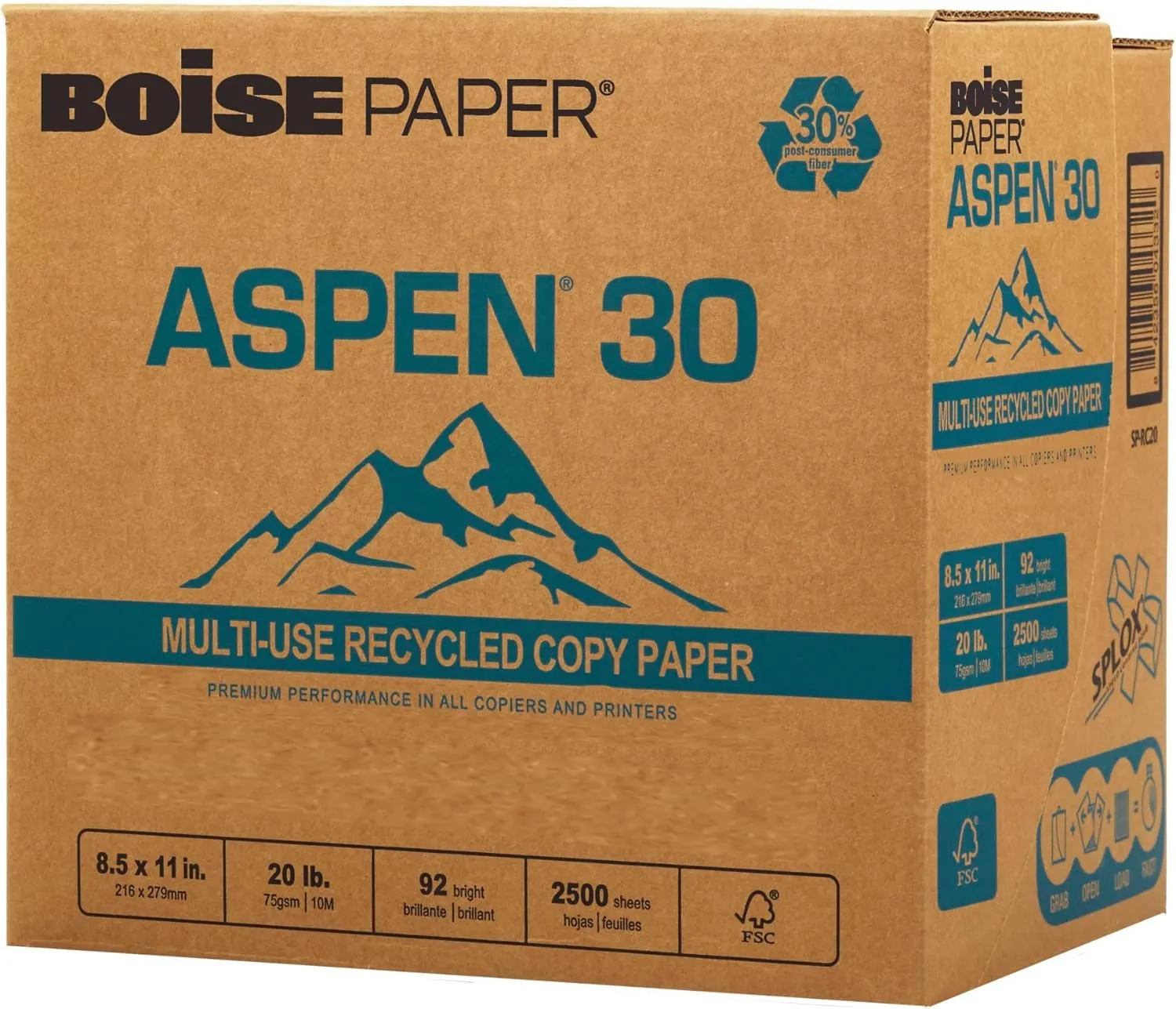 BOISE ASPEN 30% Recycled Multi-Use Copy Paper, 8.5" x 11" Letter, SPLOX Speed Loading Reamless Easy Carry Box, 92 Bright White, 20 lb. (2,500 Sheets)