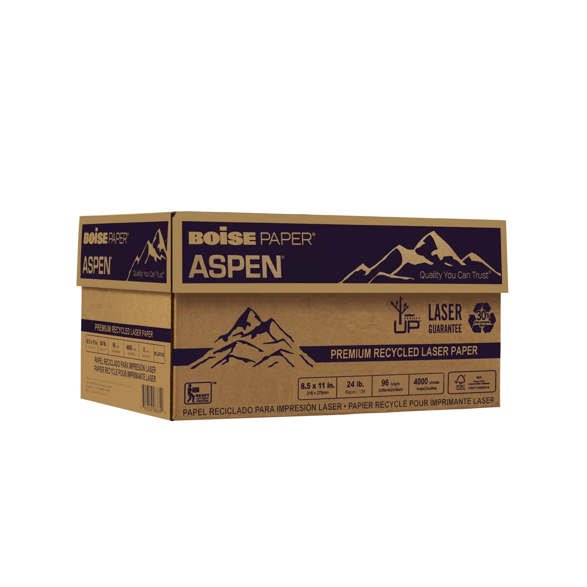 BOISE ASPEN 30% Recycled Laser Paper, 8 Reams (4000 Sheets), 8.5 x 11, 24 lb, 96 Bright