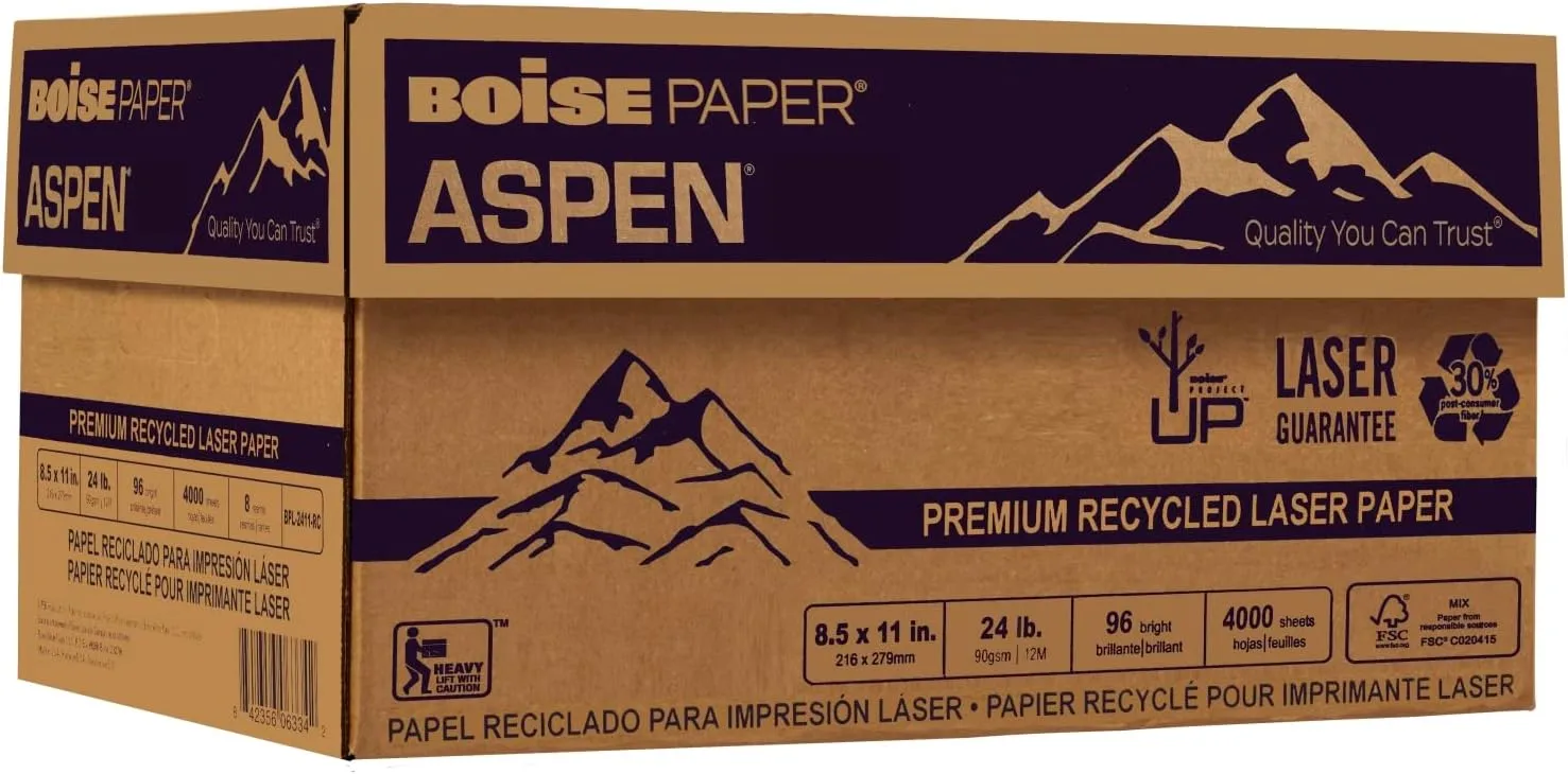BOISE ASPEN 30% Recycled Laser Paper, 8 Reams (4000 Sheets), 8.5 x 11, 24 lb, 96 Bright