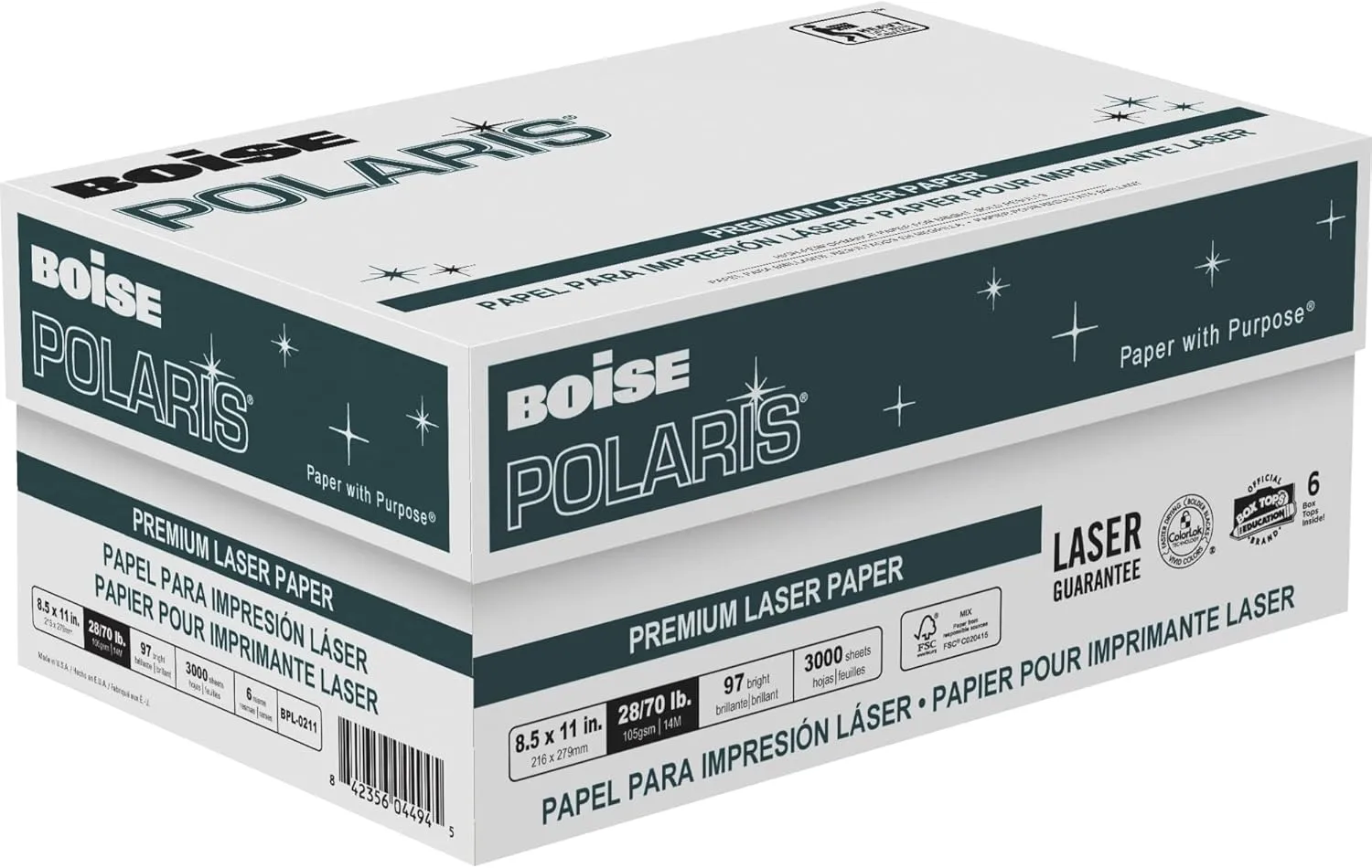 BOISE POLARIS Premium Laser Paper, 8.5 x 11 Letter, 98 Bright White