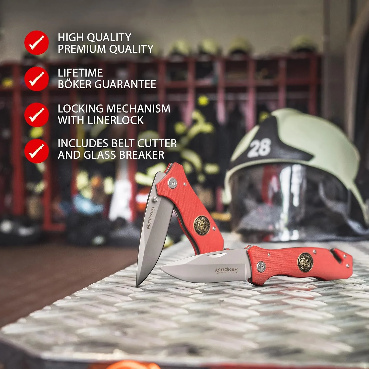 Boker Magnum 01MB366 Fire Department Knife with 3 3/8 in. Blade, Red
