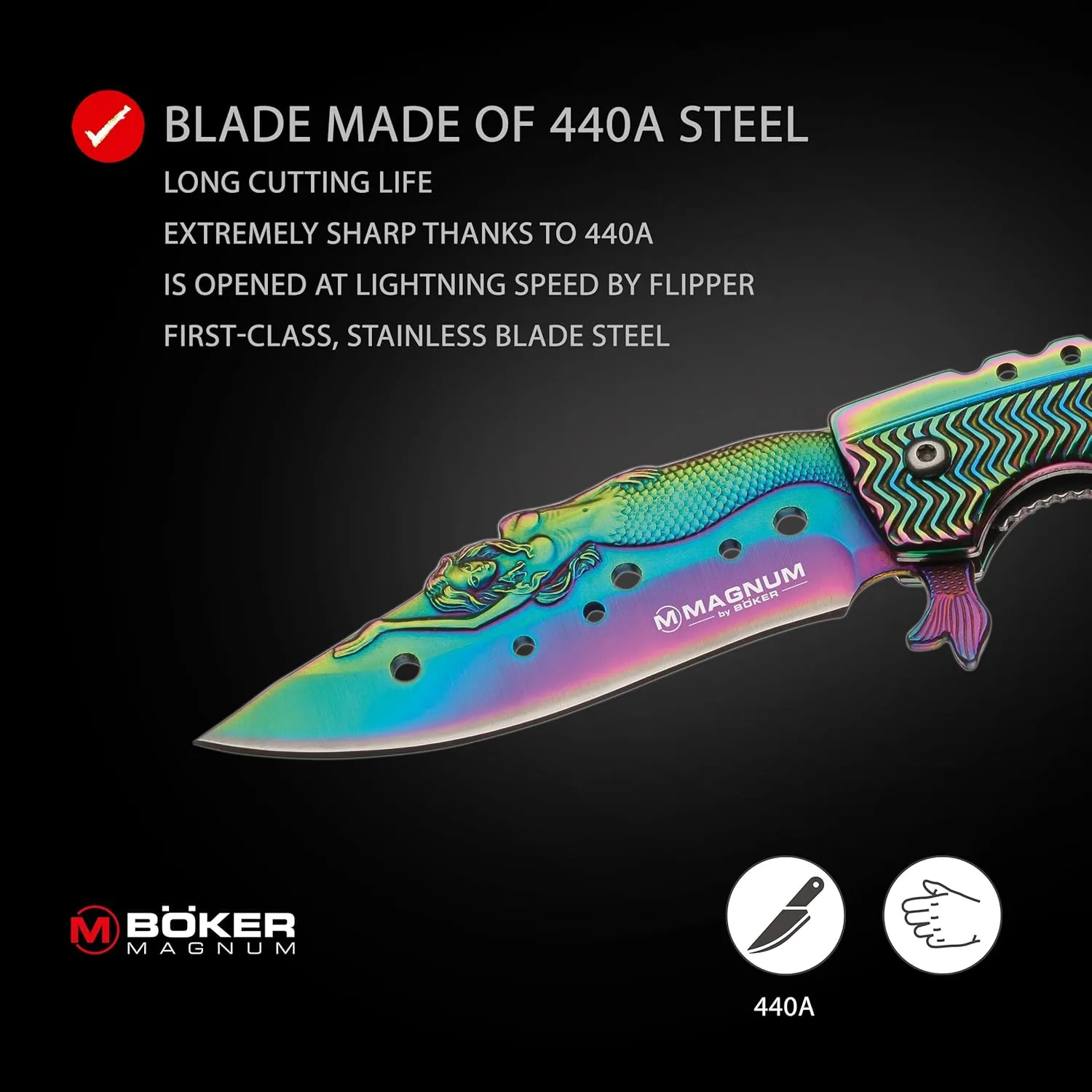 Boker 01LG318 Rainbow Mermaid Folding Knife with 440A Stainless Steel Blade, 3-1/4", Magnum