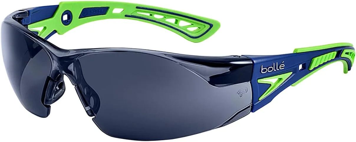 Rush+ Safety Glasses, Blue & Green Frame, Grey Lenses