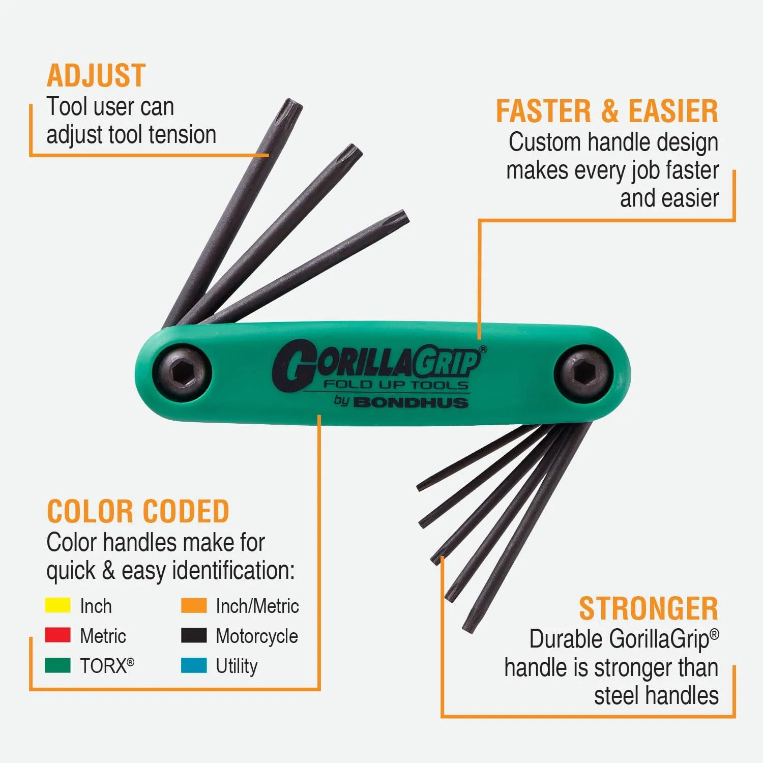 Bondhus 12632 GorillaGrip, Set of 8 Star Fold-up Keys, sizes T6-T25, multi, one size