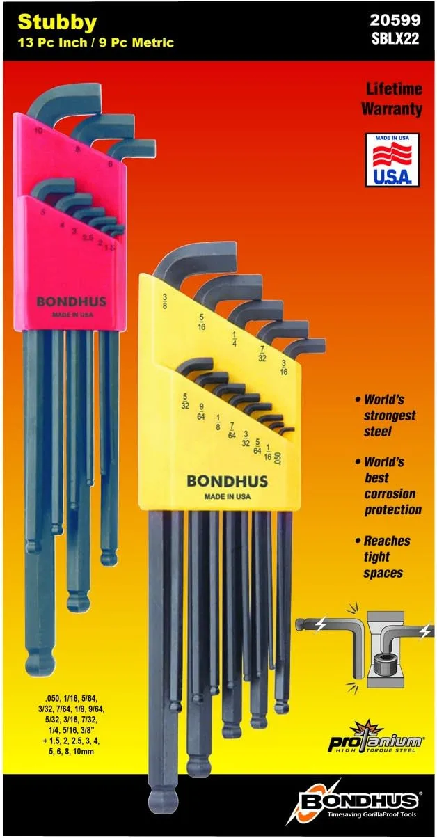 Bondhus 0.050-3/8" & 1.5-10mm Stubby Ball End Hex Key 22pc & 13pc Double Pack Hex Key Double Pack + Double Pk