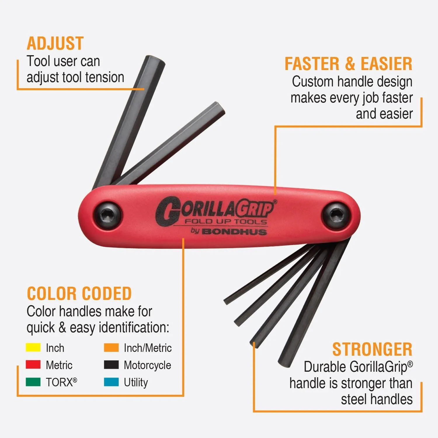 Bondhus 12595 GorillaGrip Set of 6 Hex Fold-up Keys, sizes 3-10mm