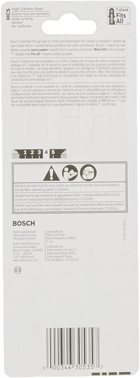 BOSCH T313AW3 3-Piece 6 In. Knife Edge T-Shank Jigsaw Blades