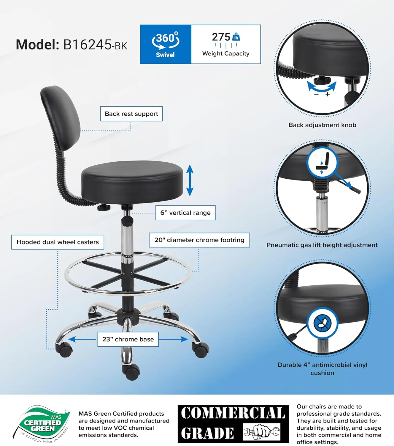 Adjustable Drafting Stool with Back and Removable Foot Rest: 28 to 34" Seat Height, 16 x 16" Seat