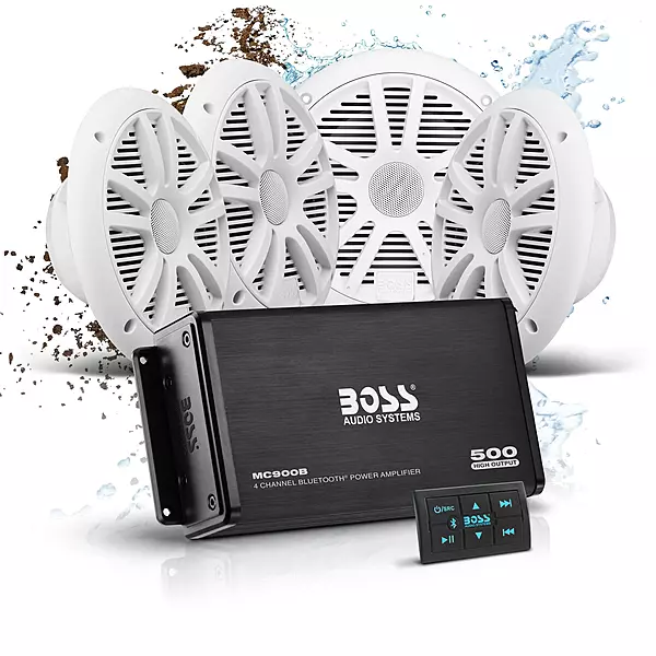 BOSS Audio Systems ASK904B.64 Marine Boat 6.5 inch Speakers and 4 Channel Amplifier - 500 High Output, Bluetooth Remote