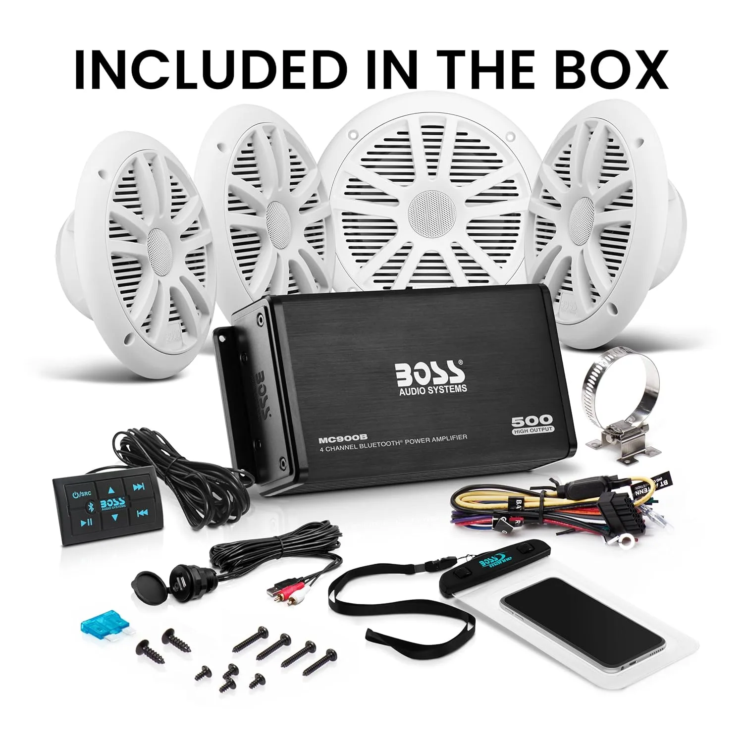 BOSS Audio Systems ASK904B.64 Marine Boat 6.5 inch Speakers and 4 Channel Amplifier - 500 High Output, Bluetooth Remote