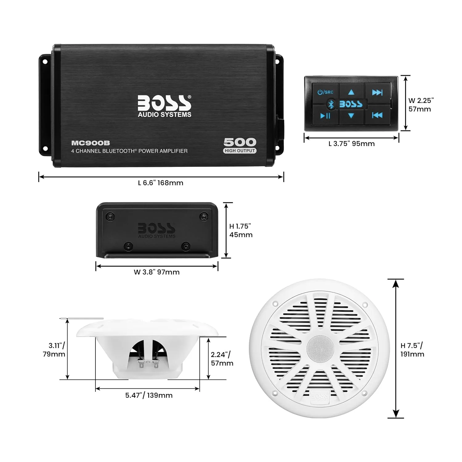 BOSS Audio Systems ASK904B.64 Marine Boat 6.5 inch Speakers and 4 Channel Amplifier - 500 High Output, Bluetooth Remote