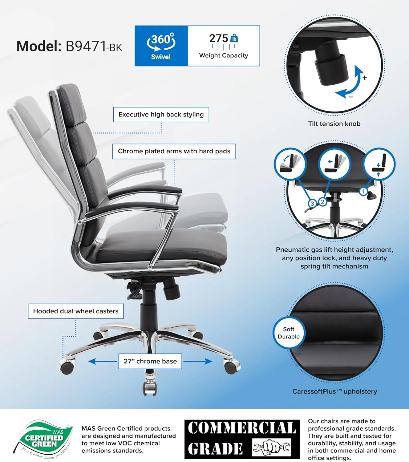 Boss Office Products CaressoftPlus Executive Chair, Traditional, Metal Chrome Finish 30D x 27W x 42H in