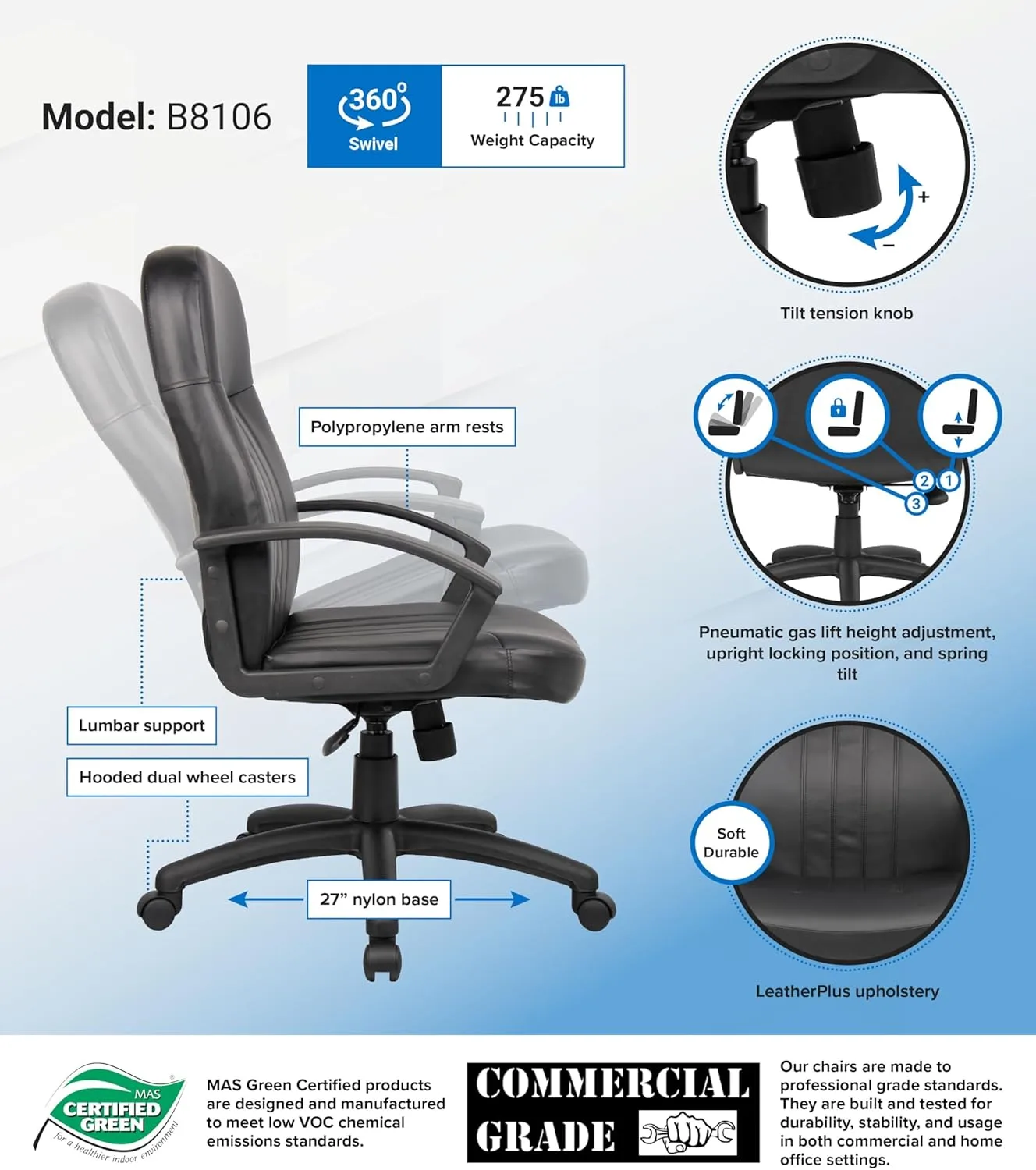 Boss Office Products Ergonomic Mid-Back Leather Chair, Black