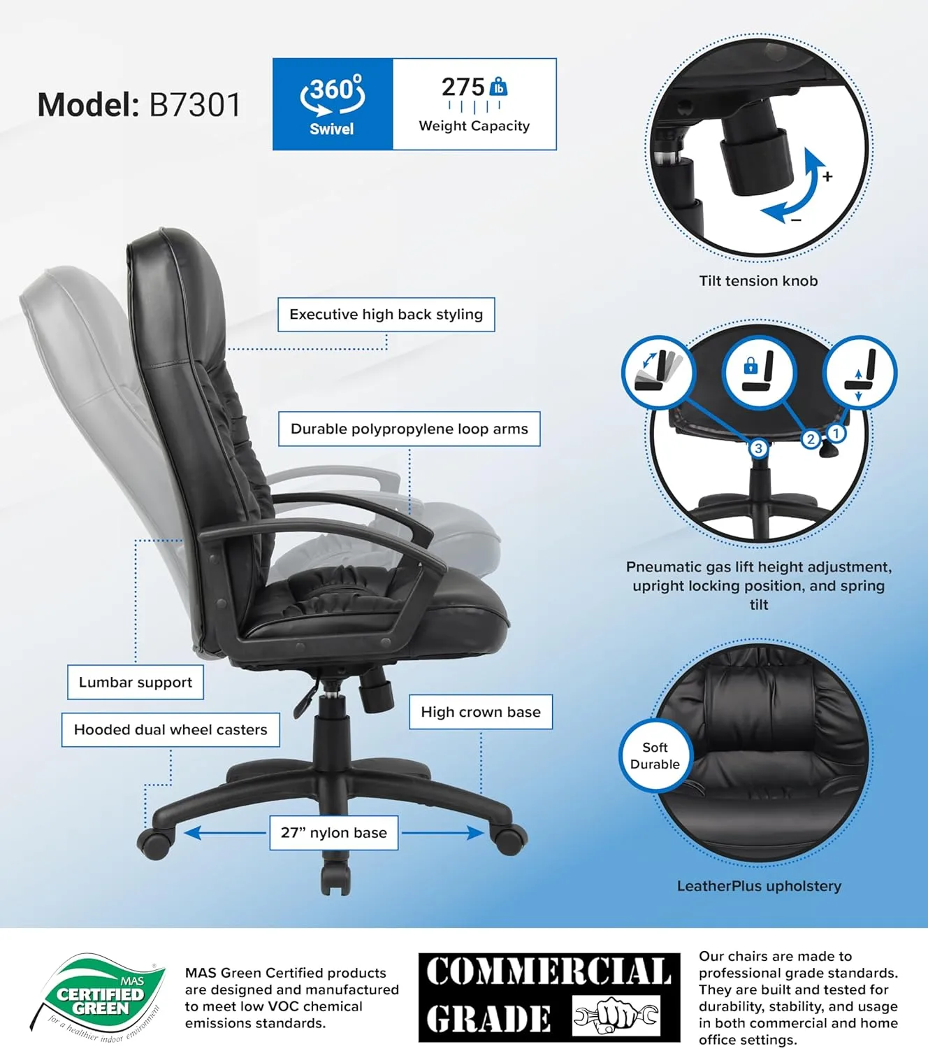 Boss Office Products High Back LeatherPlus Chair in Black