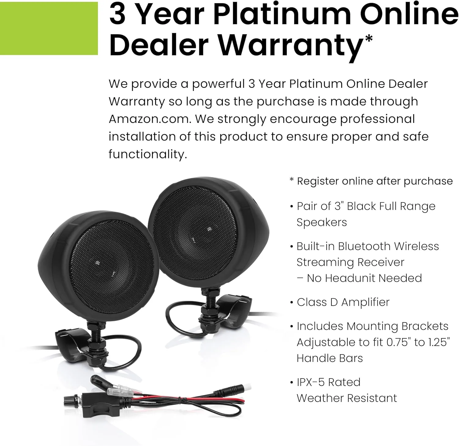 BOSS Audio Systems MCBK425BA 3 Inch Motorcycle Speakers – Built-in Bluetooth Amplifier, Weatherproof, Volume Control