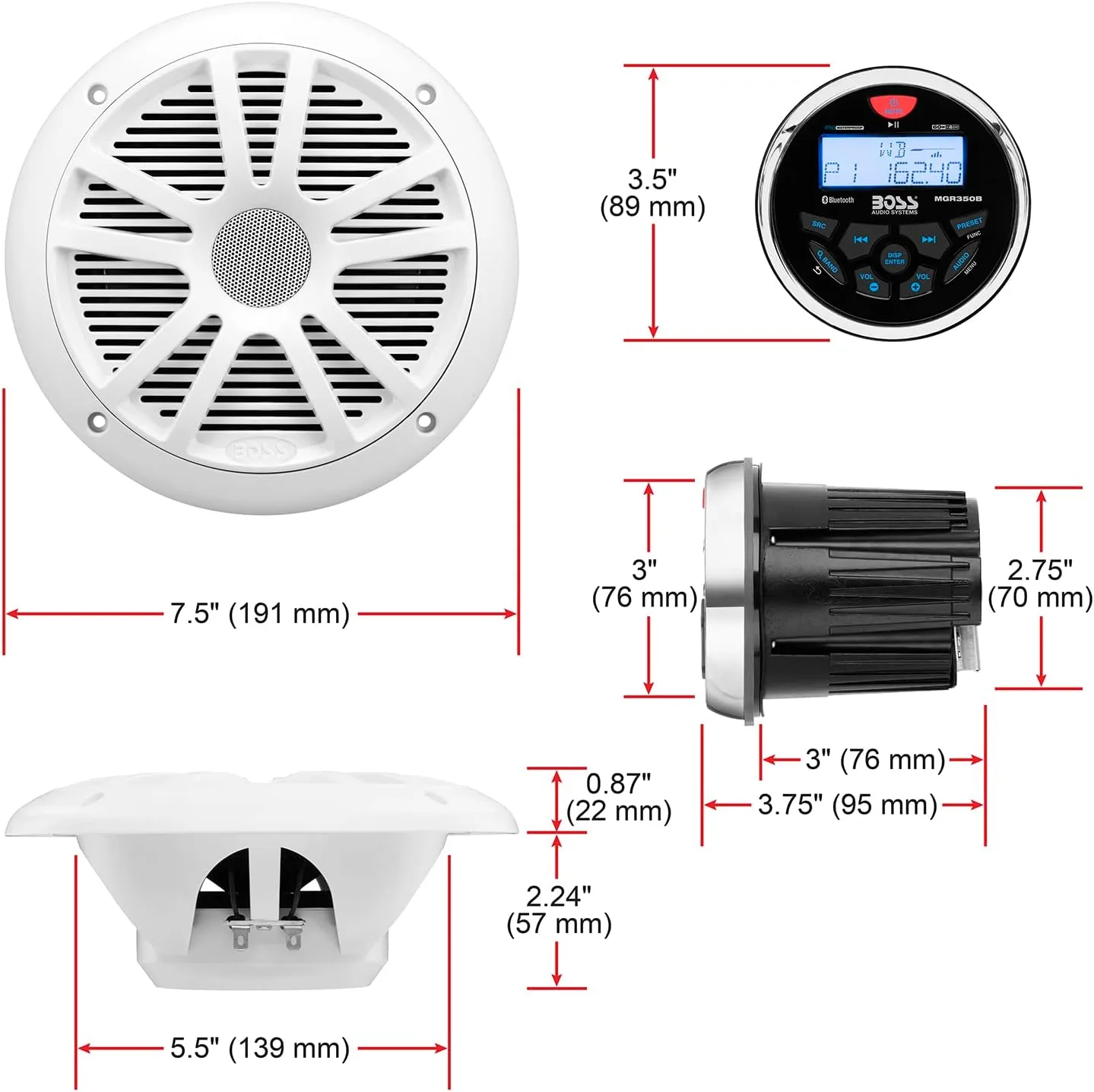 BOSS Audio Systems MGR350B Marine Gauge Receiver and Speaker Kits
