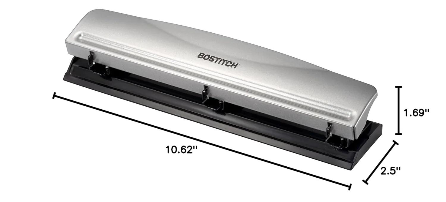 Bostitch Office Premium 3 Hole Punch, 12 Sheet Capacity, Metal, Rubber Base, Easy-Clean Tray, Silver 1 Pack