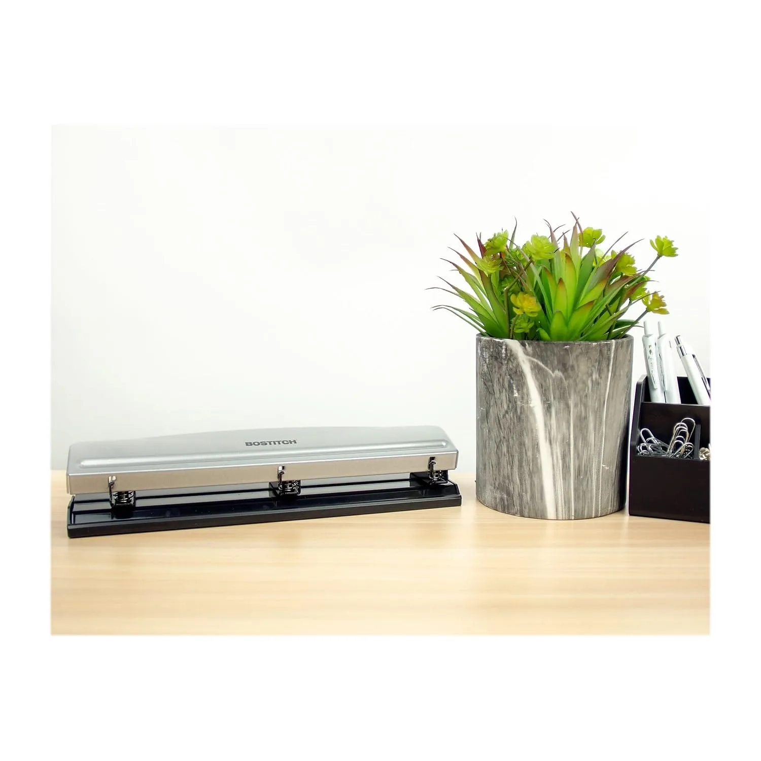 Bostitch Office Premium 3 Hole Punch, 12 Sheet Capacity, Metal, Rubber Base, Easy-Clean Tray, Silver 1 Pack