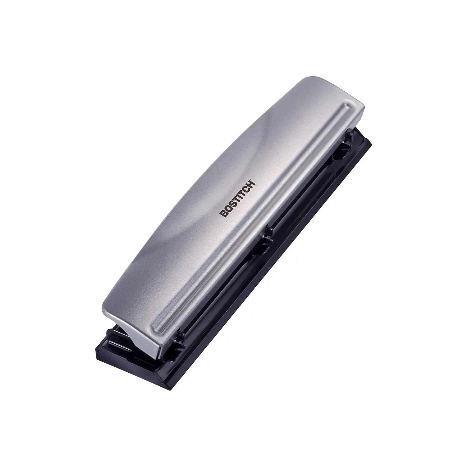 Bostitch Office Premium 3 Hole Punch, 12 Sheet Capacity, Metal, Rubber Base, Easy-Clean Tray, Silver 1 Pack