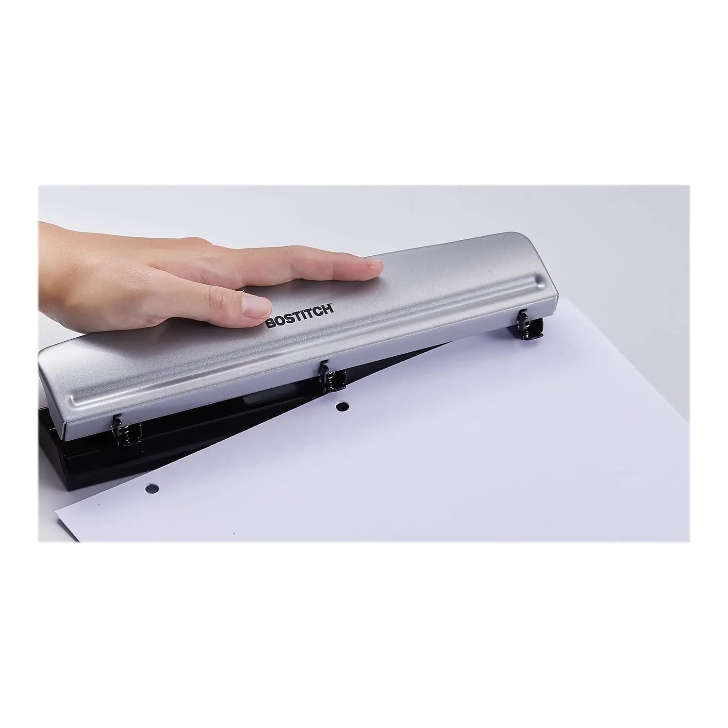 Bostitch Office Premium 3 Hole Punch, 12 Sheet Capacity, Metal, Rubber Base, Easy-Clean Tray, Silver 1 Pack