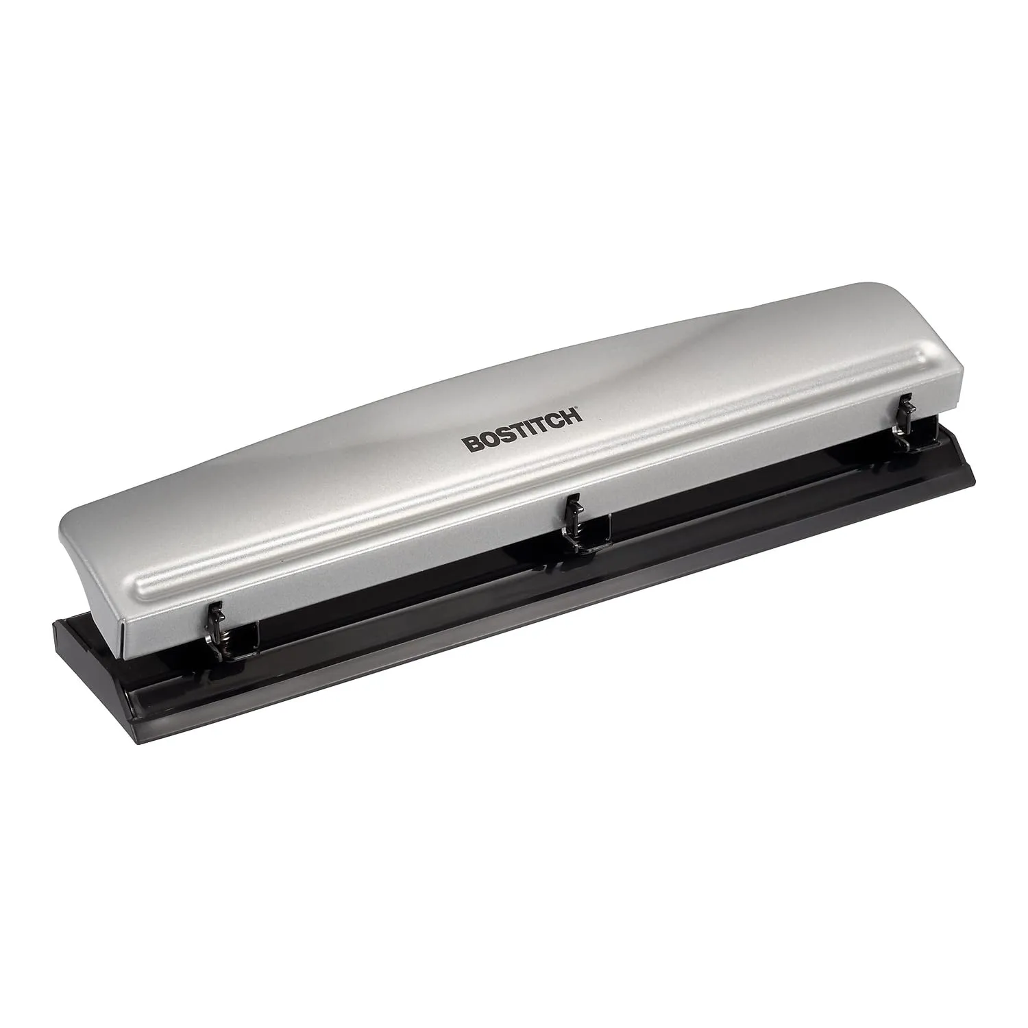 Bostitch Office Premium 3 Hole Punch, 12 Sheet Capacity, Metal, Rubber Base, Easy-Clean Tray, Silver 1 Pack