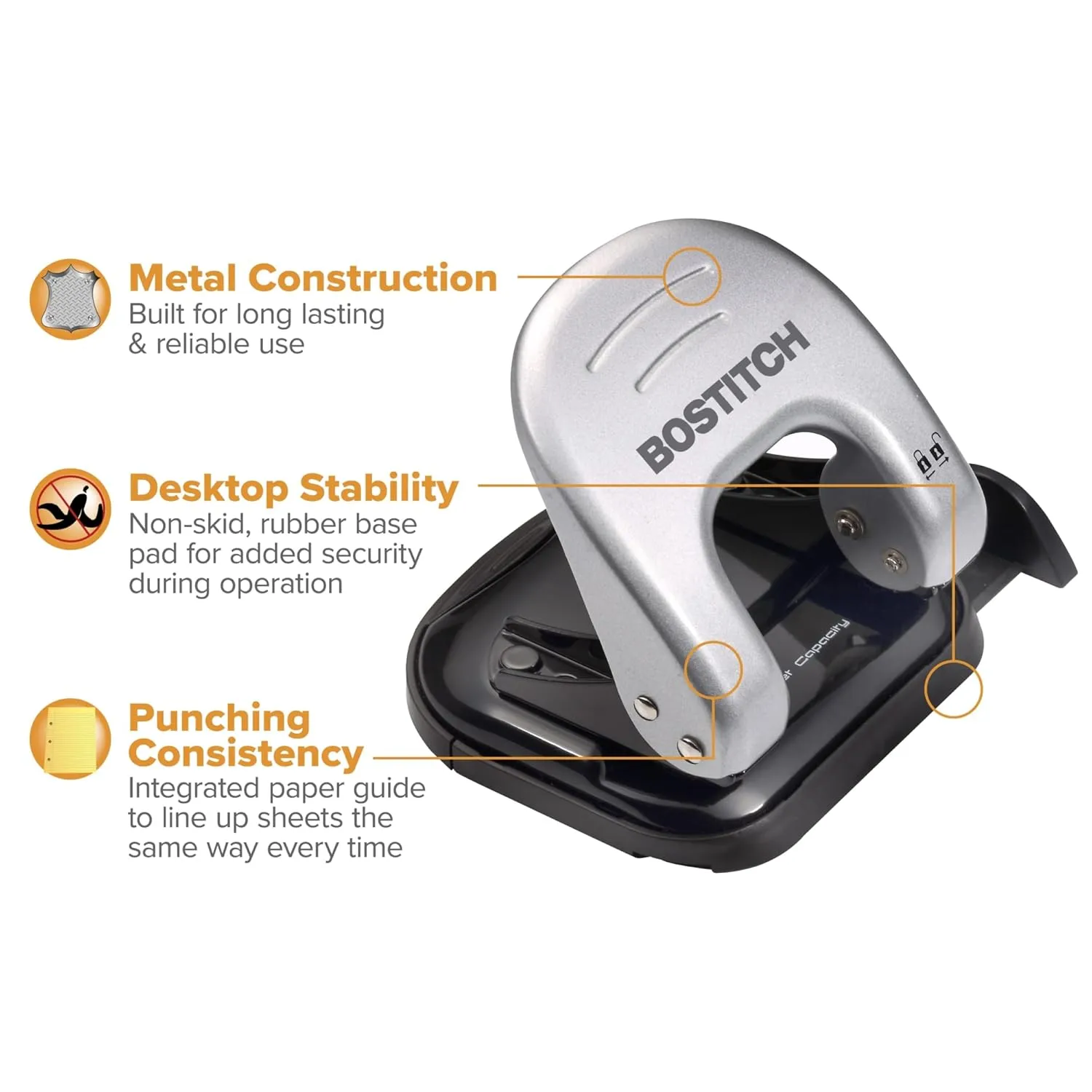 Bostitch Office EZ Squeeze Reduced Effort 2-Hole Punch, 20 Sheets, Locking Handle, Silver (2310)