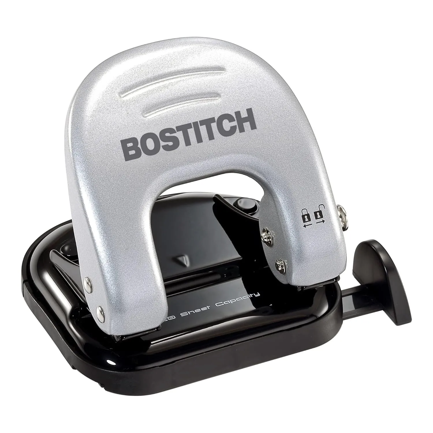 Bostitch Office EZ Squeeze Reduced Effort 2-Hole Punch, 20 Sheets, Locking Handle, Silver (2310)
