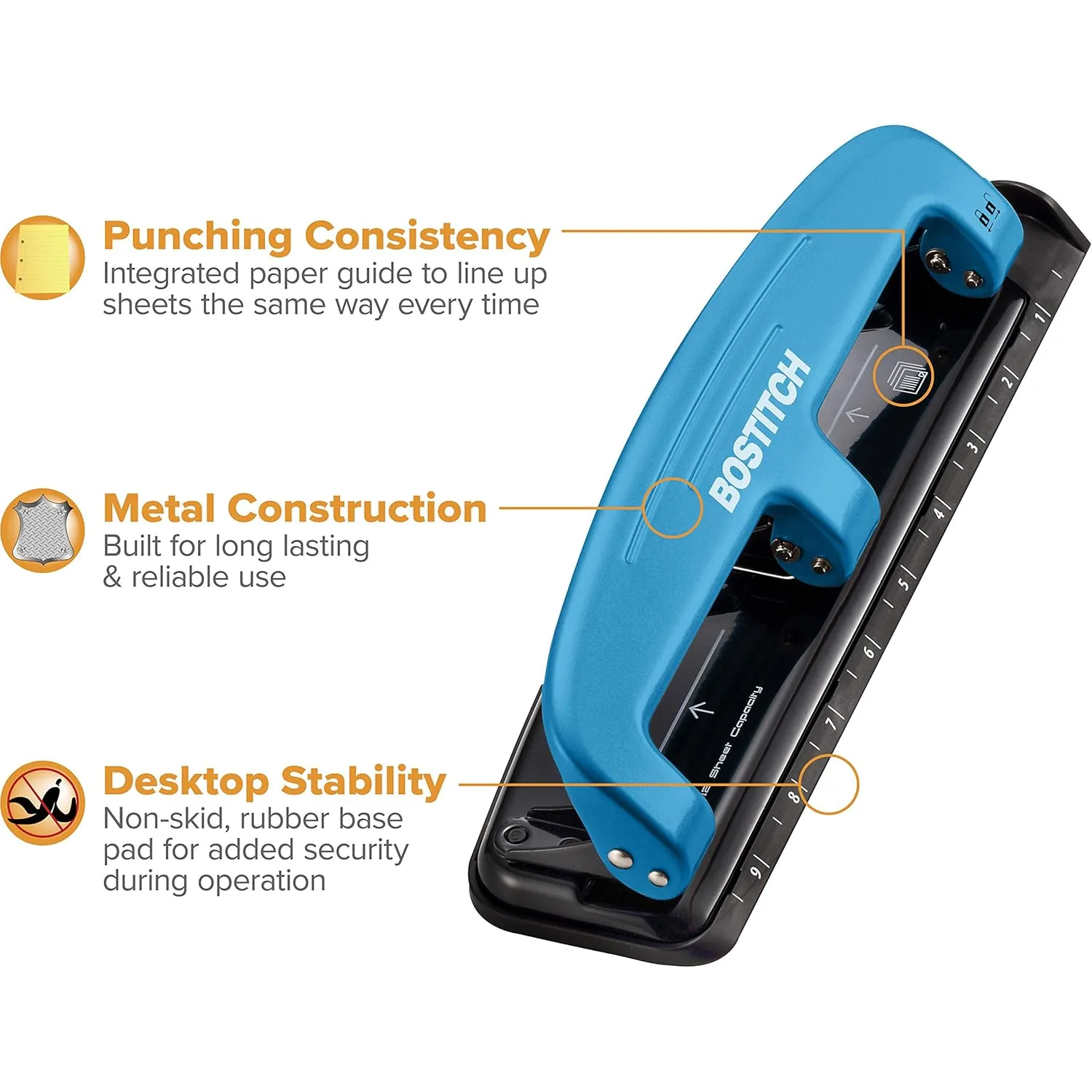 Bostitch EZ Squeeze Three-Hole Punch, 12-Sheet Capacity