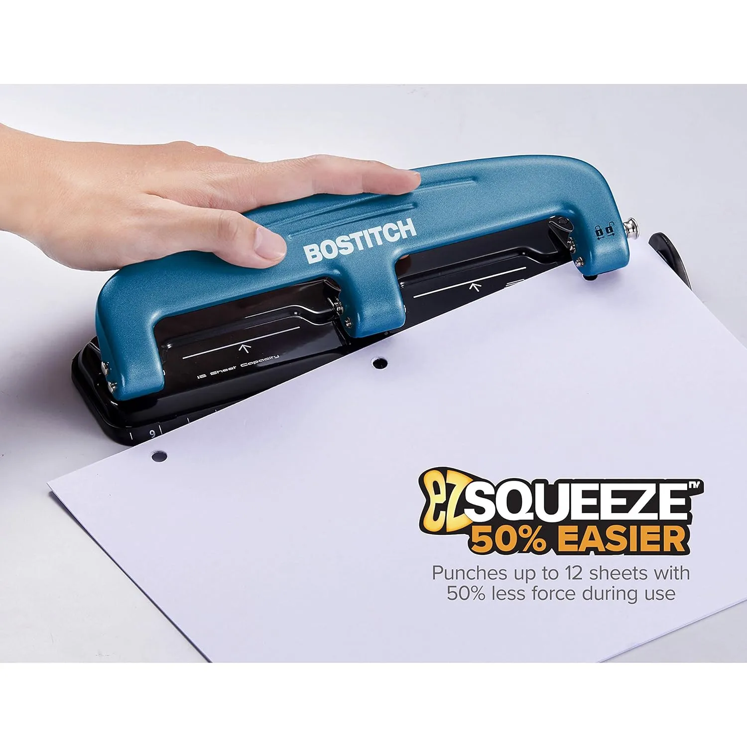 Bostitch EZ Squeeze Three-Hole Punch, 12-Sheet Capacity