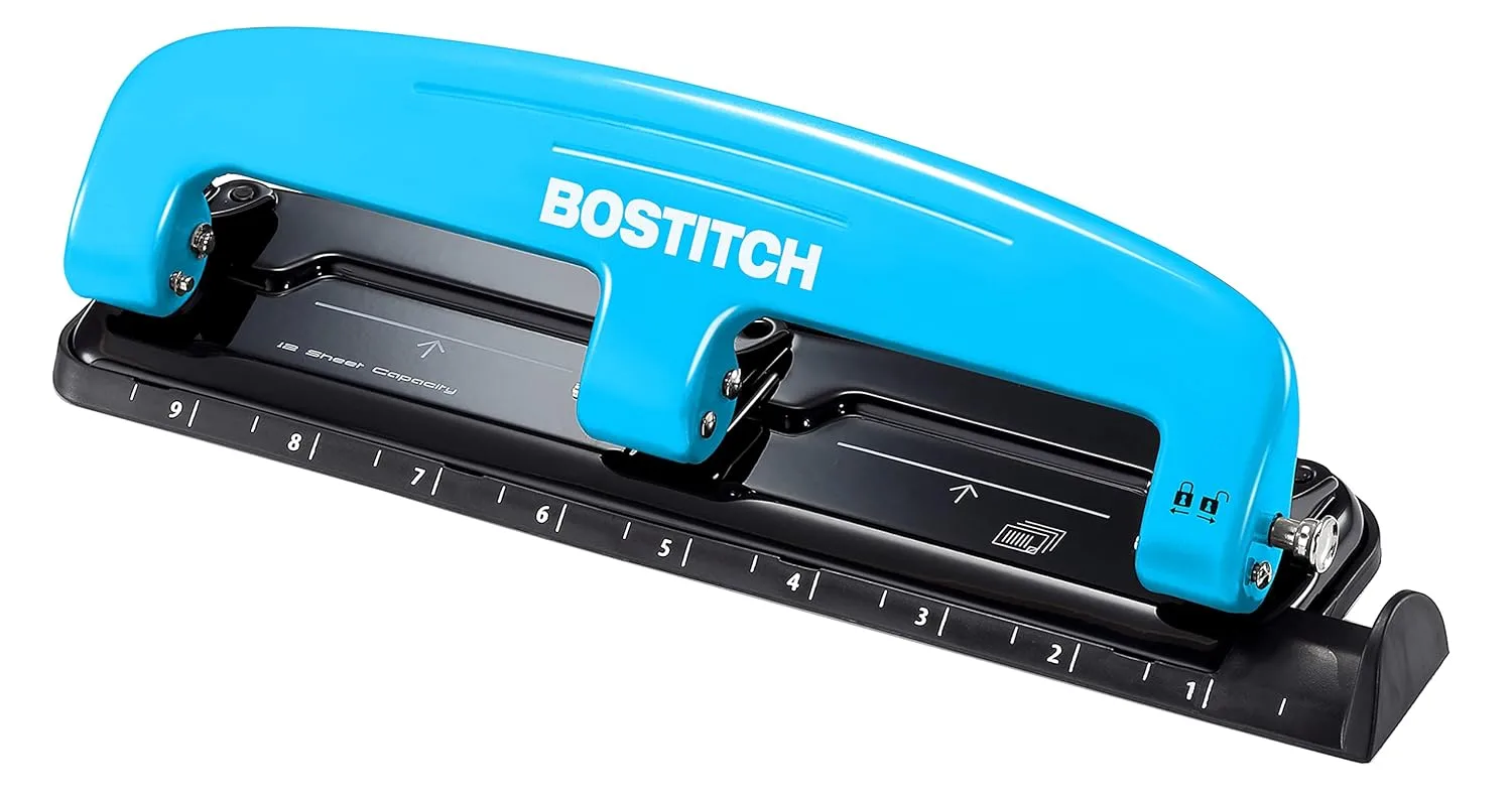 Bostitch EZ Squeeze Three-Hole Punch, 12-Sheet Capacity