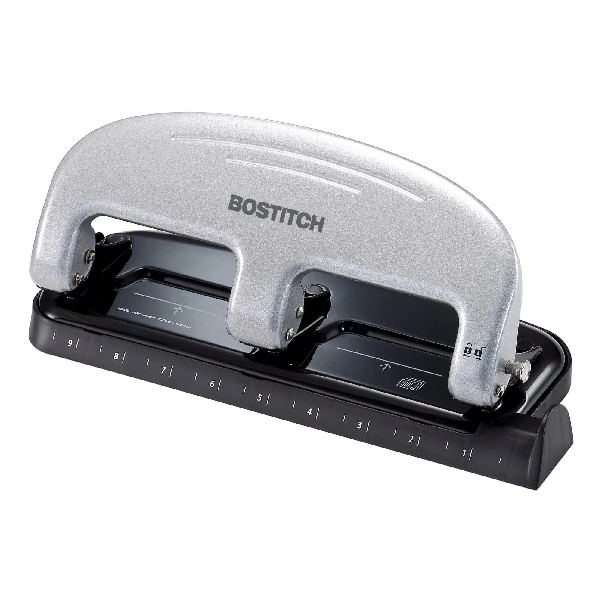 Bostitch EZ Squeeze 3-Hole Punch, 20-Sheet Capacity, No-Jam, Silver/Black