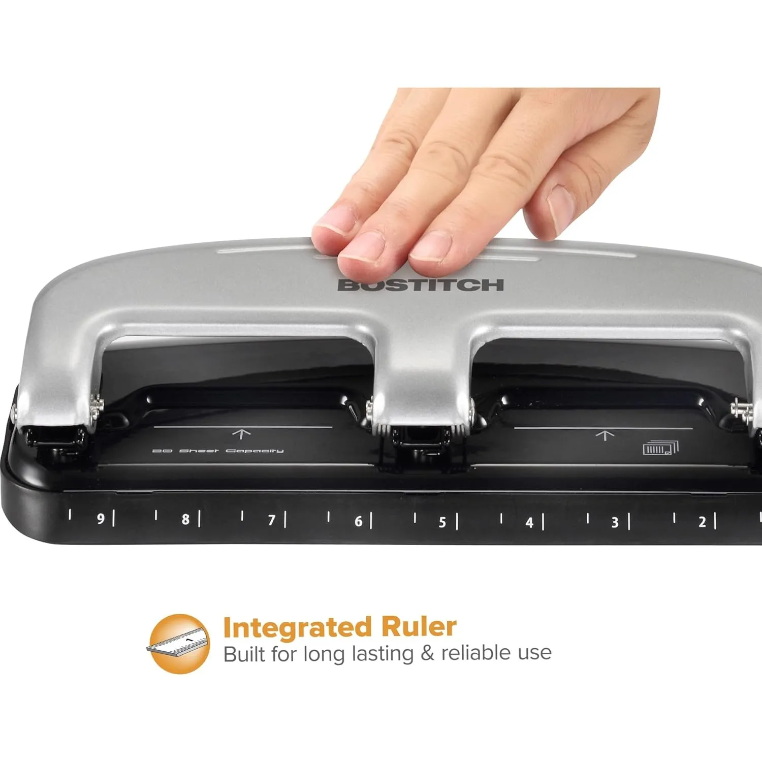 Bostitch EZ Squeeze 3-Hole Punch, 20-Sheet Capacity, No-Jam, Silver/Black