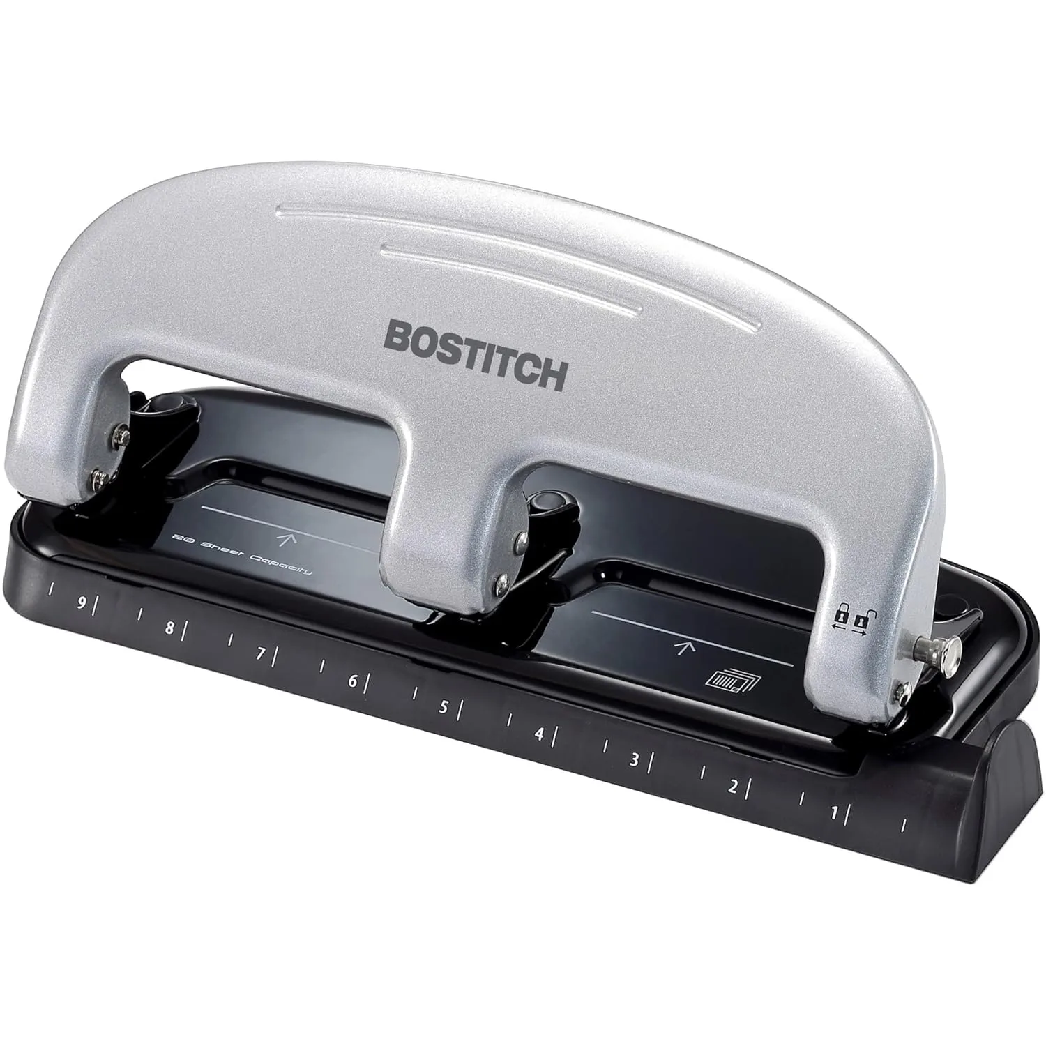 Bostitch EZ Squeeze 3-Hole Punch, 20-Sheet Capacity, No-Jam, Silver/Black