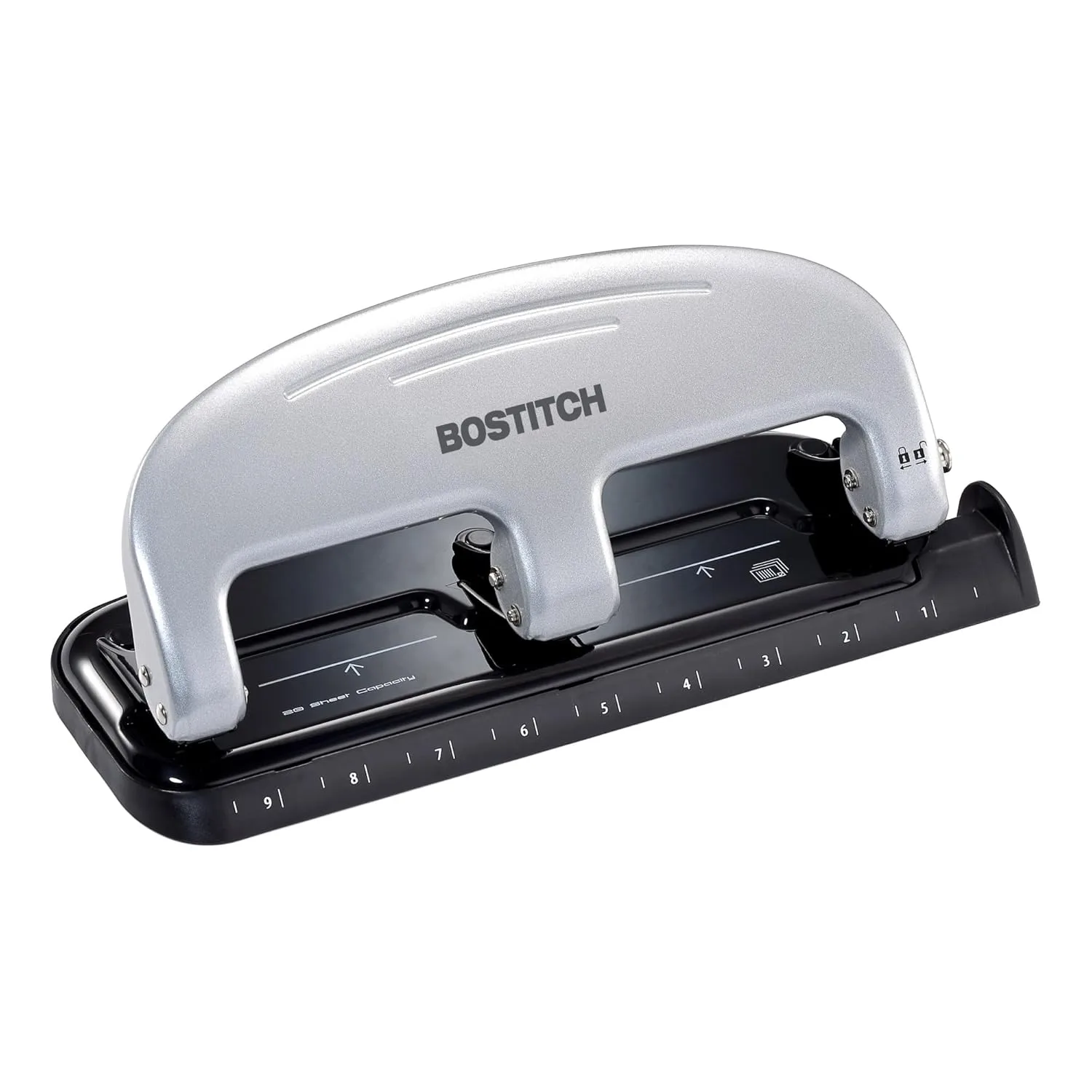 Bostitch EZ Squeeze 3-Hole Punch, 20-Sheet Capacity, No-Jam, Silver/Black
