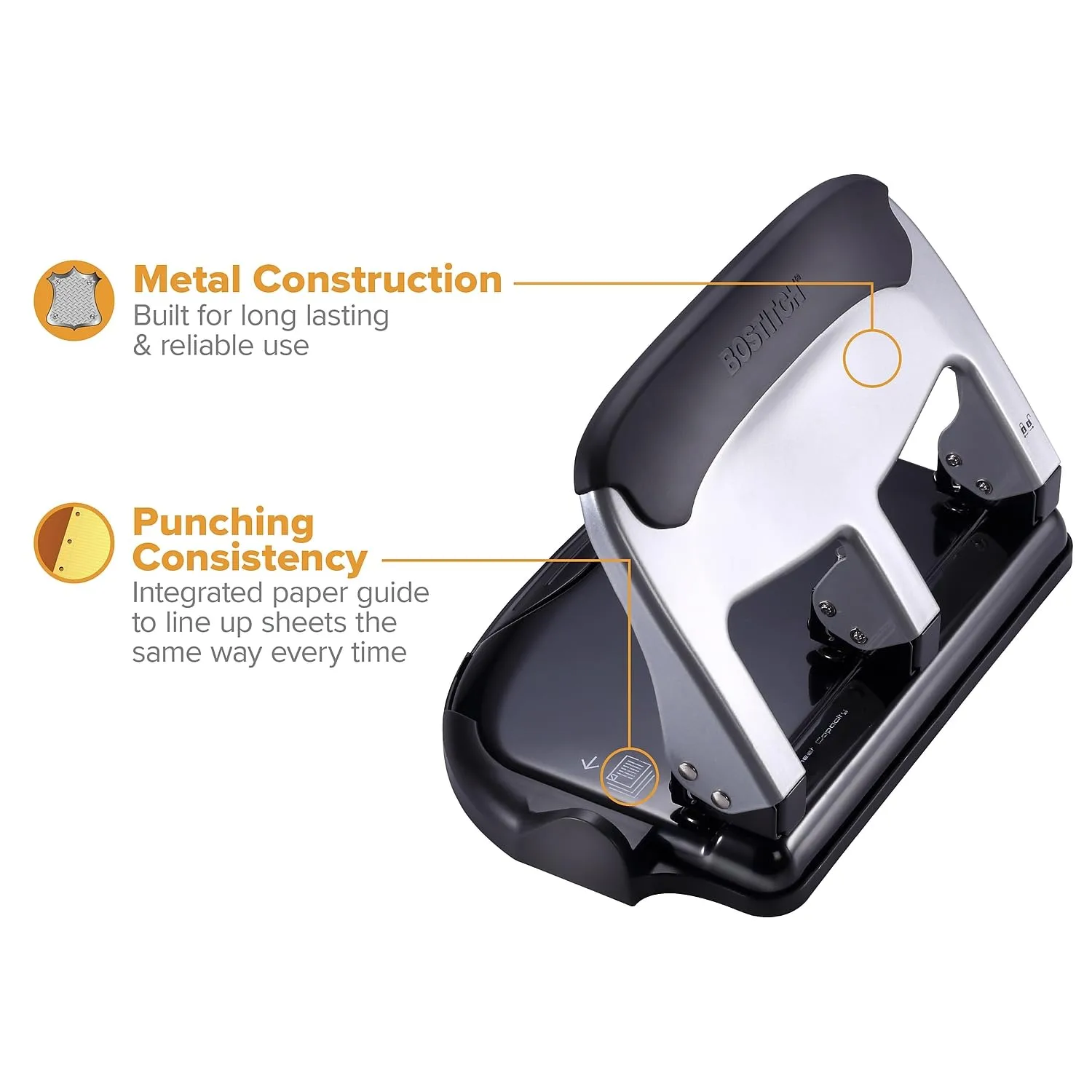 Bostitch EZ Squeeze Heavy Duty 3-Hole Punch, 40-Sheet, Silver/Black