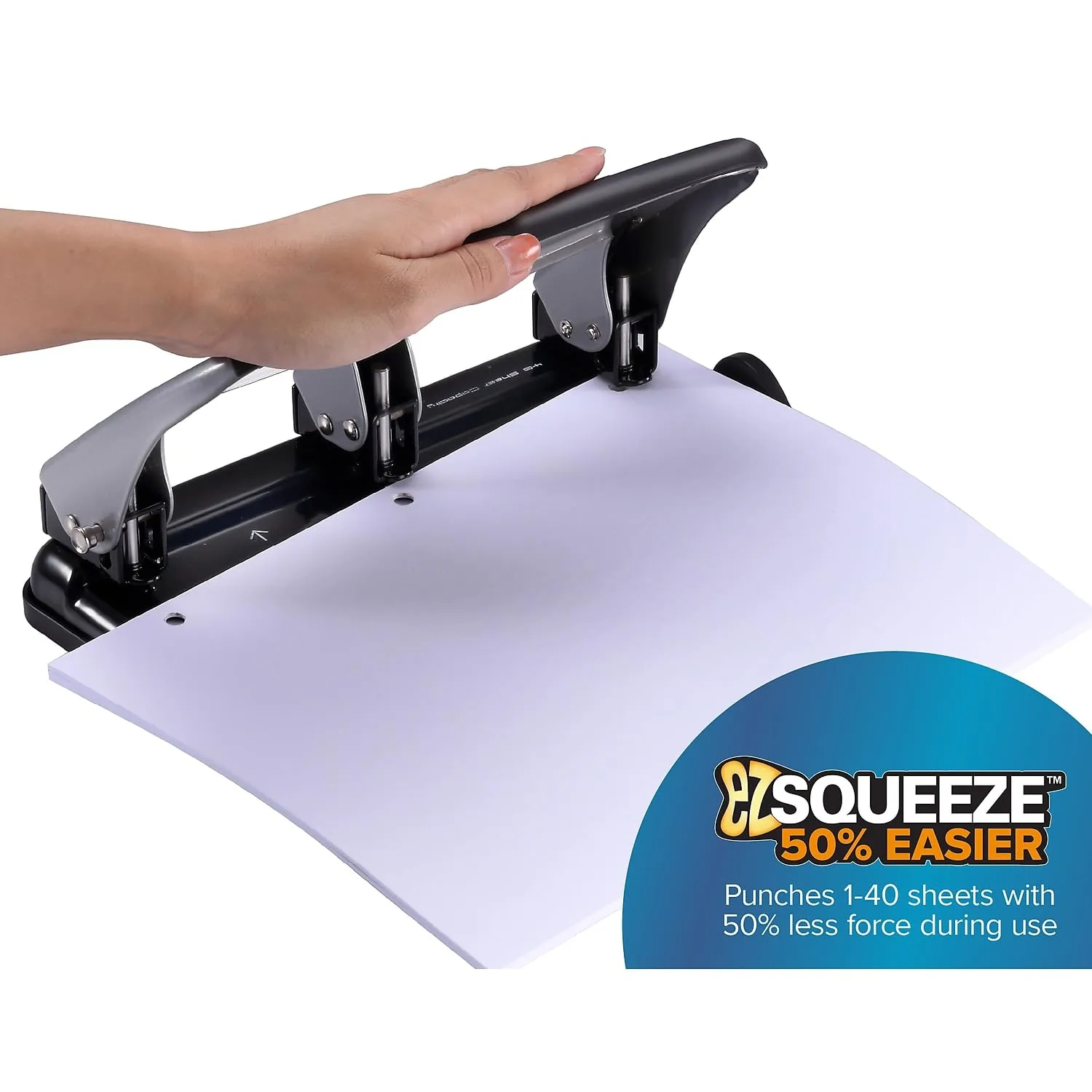 Bostitch EZ Squeeze Heavy Duty 3-Hole Punch, 40-Sheet, Silver/Black