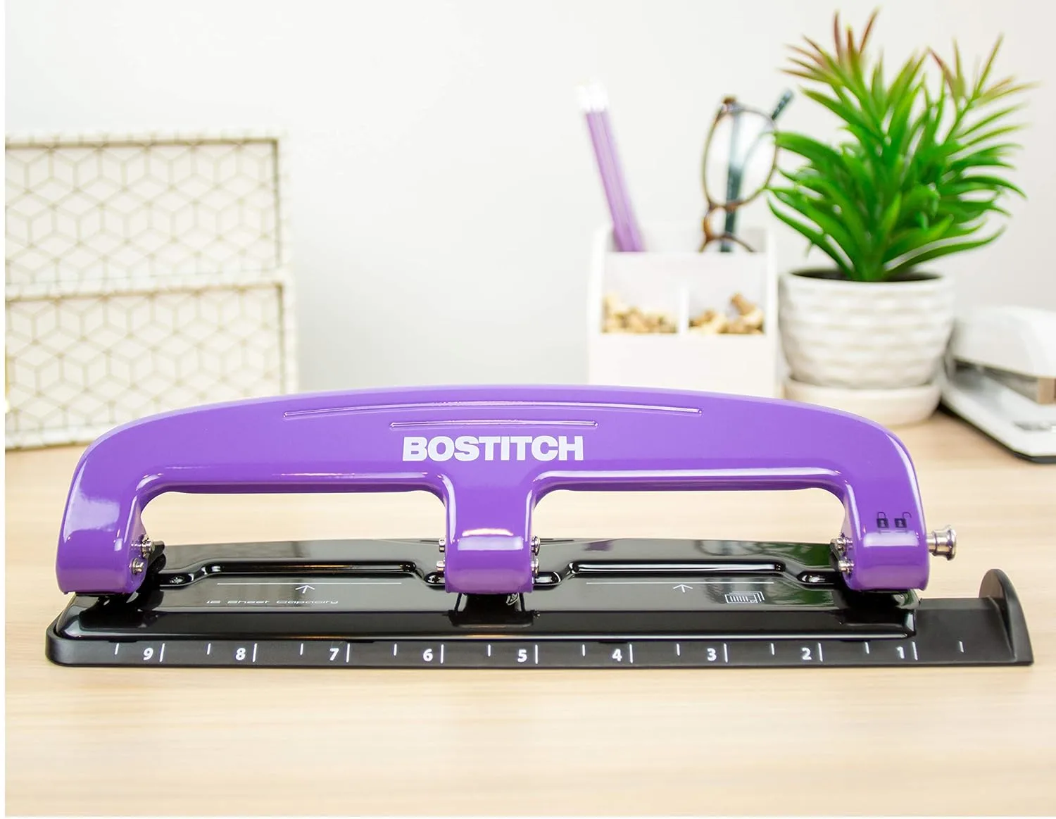 Bostitch EZ Squeeze Three-Hole Punch, 12-Sheet Capacity