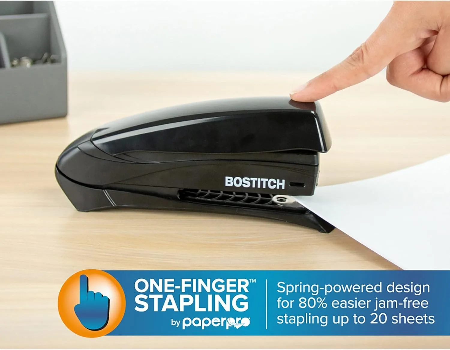 Bostitch Inspire Spring-Powered Desktop Stapler, 20-Sheet Capacity, Black