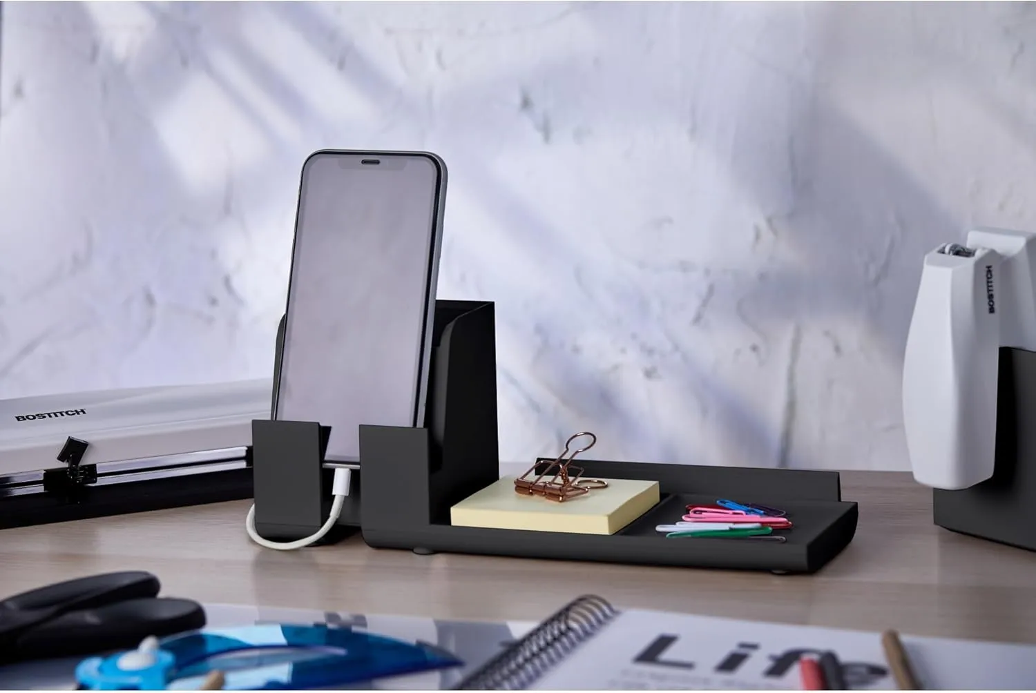 Bostitch Office Konnect Charging Station Desk Organizer Base, USB Phone Stand Compatible with Cell Phones & Tablets, Black