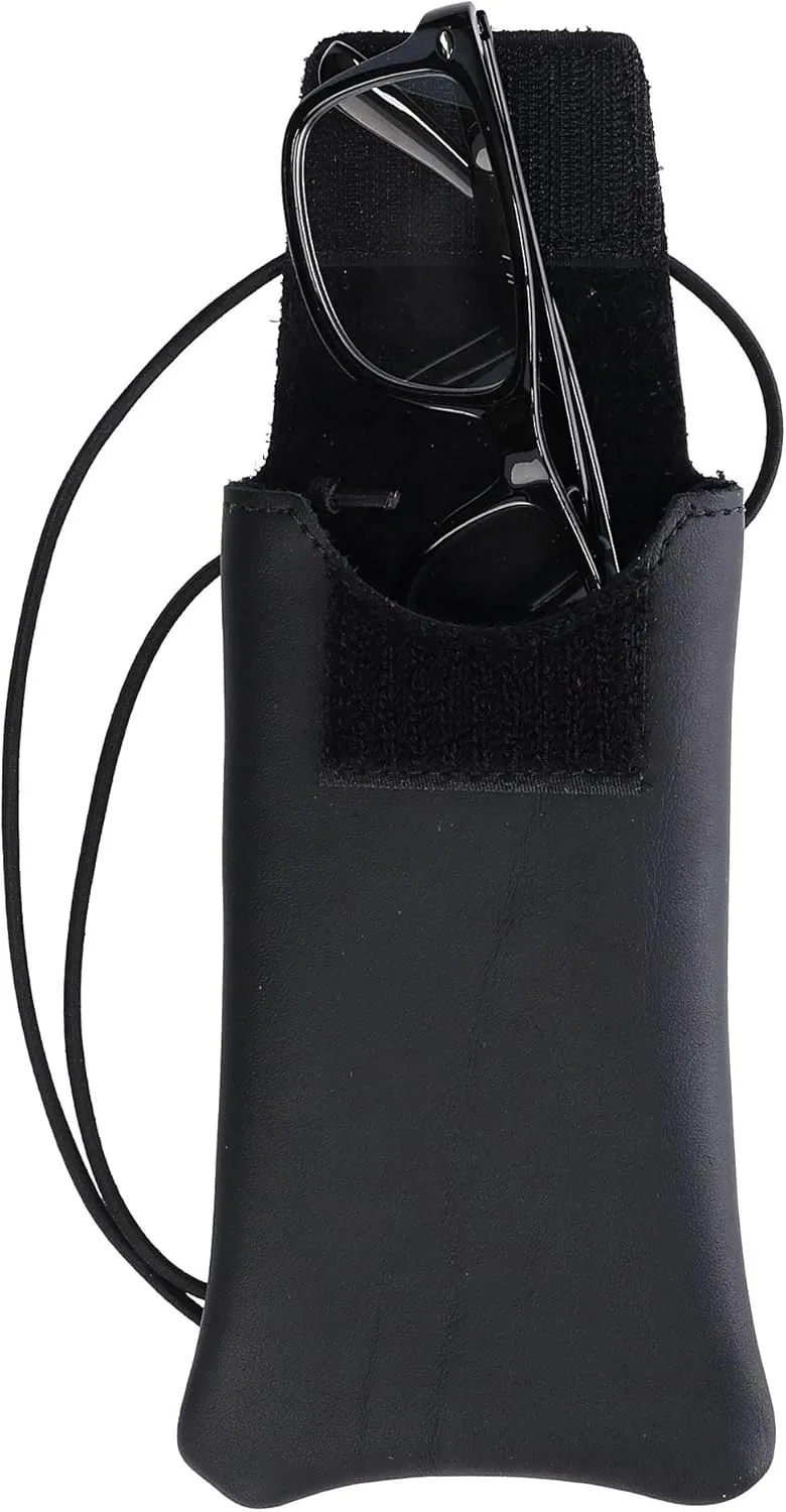 Boston Leather Solid Leather Eyeglass Case with Neck String, Black