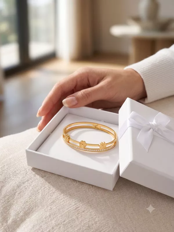 Dual Layer Gold Clover & Cubic Zirconia Hinged Bangle Bracelet