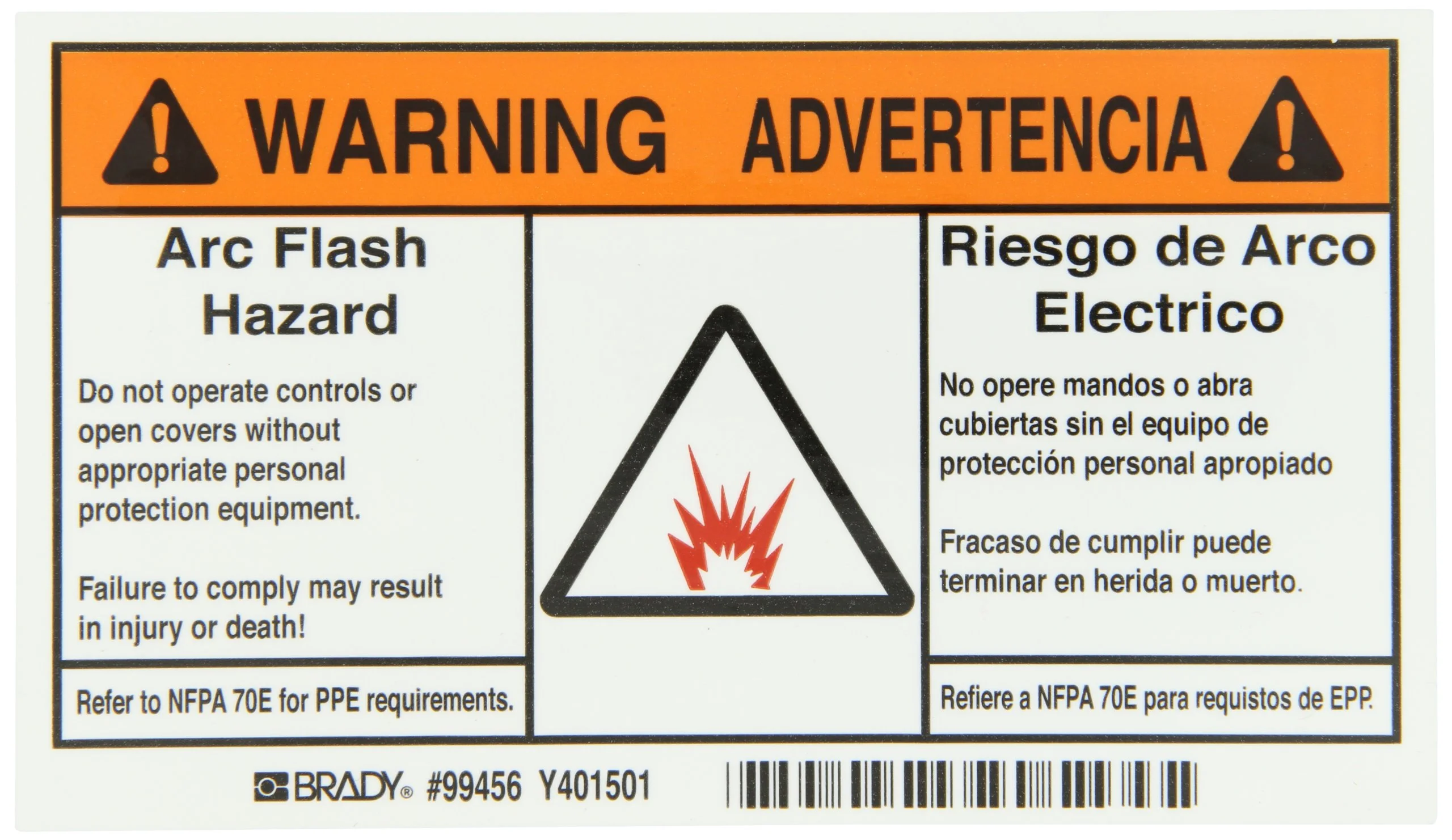 Brady 99456 3.5" x 6", B-302 High Performance Polyester, Black and Orange on White Arc Flash Label