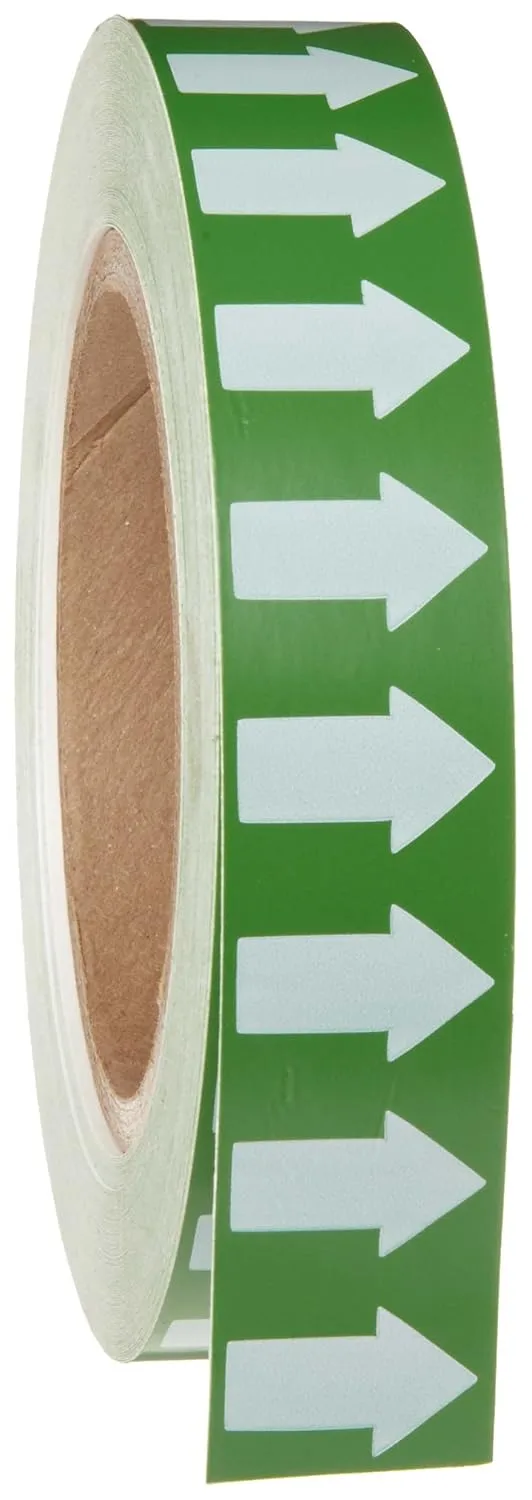 Brady 91425 1" Width, 90' Length, B-946 High Performance Vinyl, White On Green Color Arrow Tape, Legend (Arrow Pictogram)