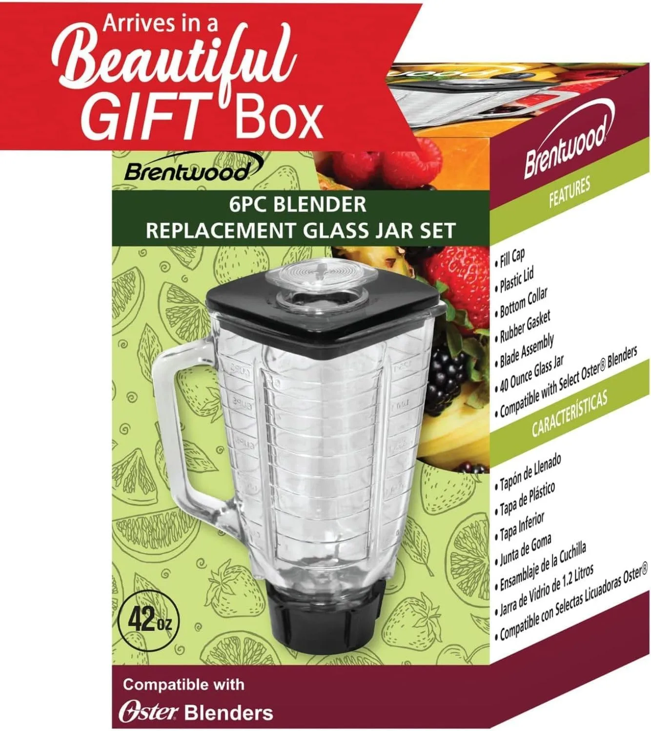 Brentwood P-OST722 Replacement Glass Jar Set, 42 Oz (0.33 Gal), 6-Piece, Clear, Fits Oster Blenders
