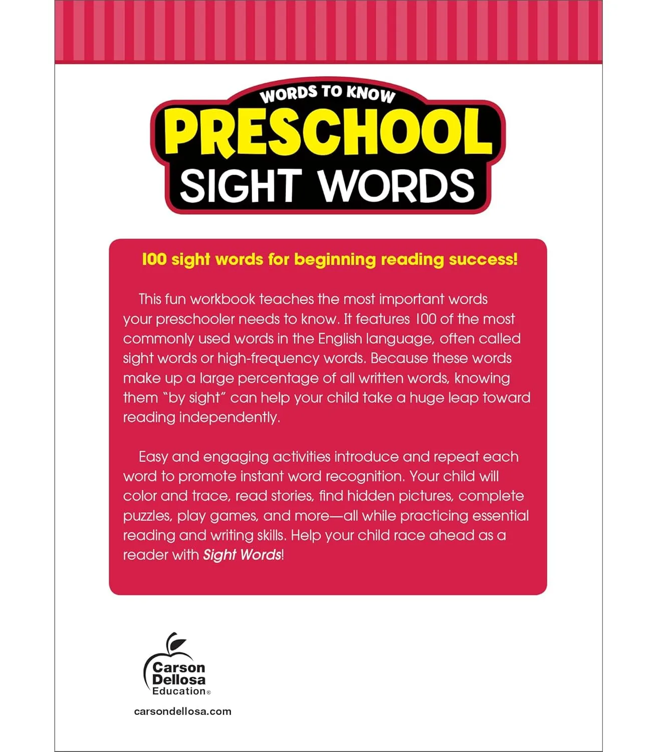 Words to Know Sight Words Preschool Workbook—Reading Activities, Games, Puzzles, Flash Cards