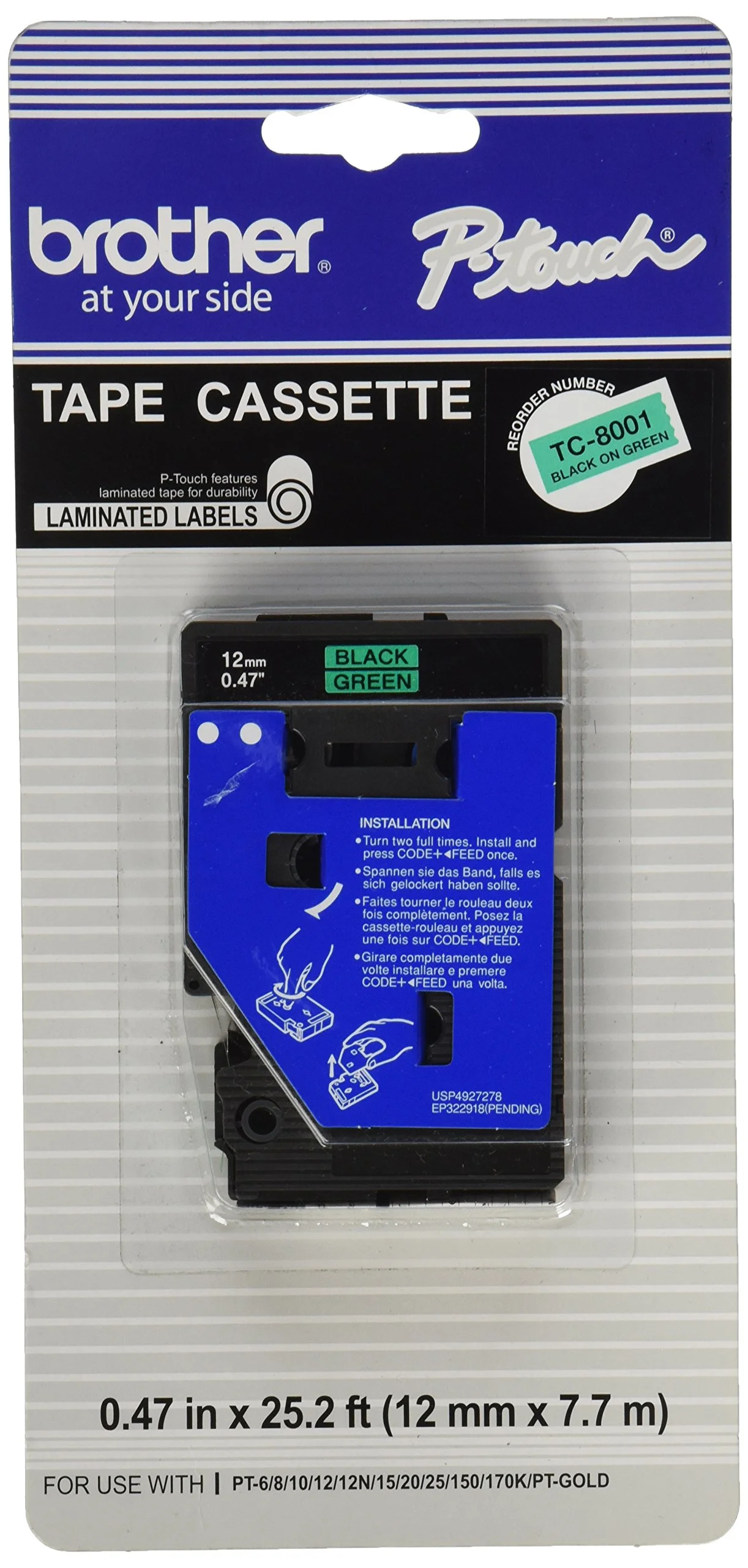 Brother P-Touch 1/2" Black on Green Laminated Tape - TC8001
